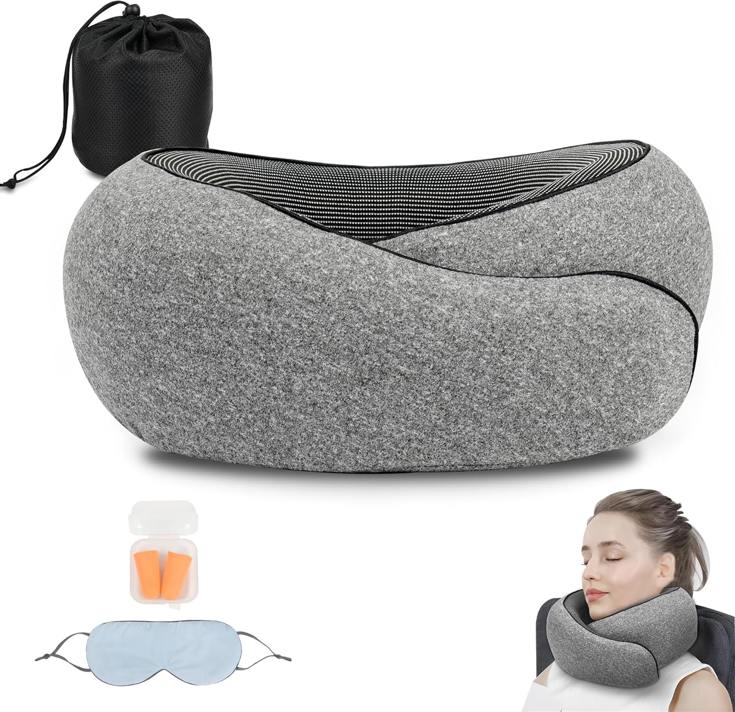 VIVAVENUS Oreiller de voyage pour avion – Coussin de nuque en mousse à mémoire de forme – Oreiller ergonomique – Gris