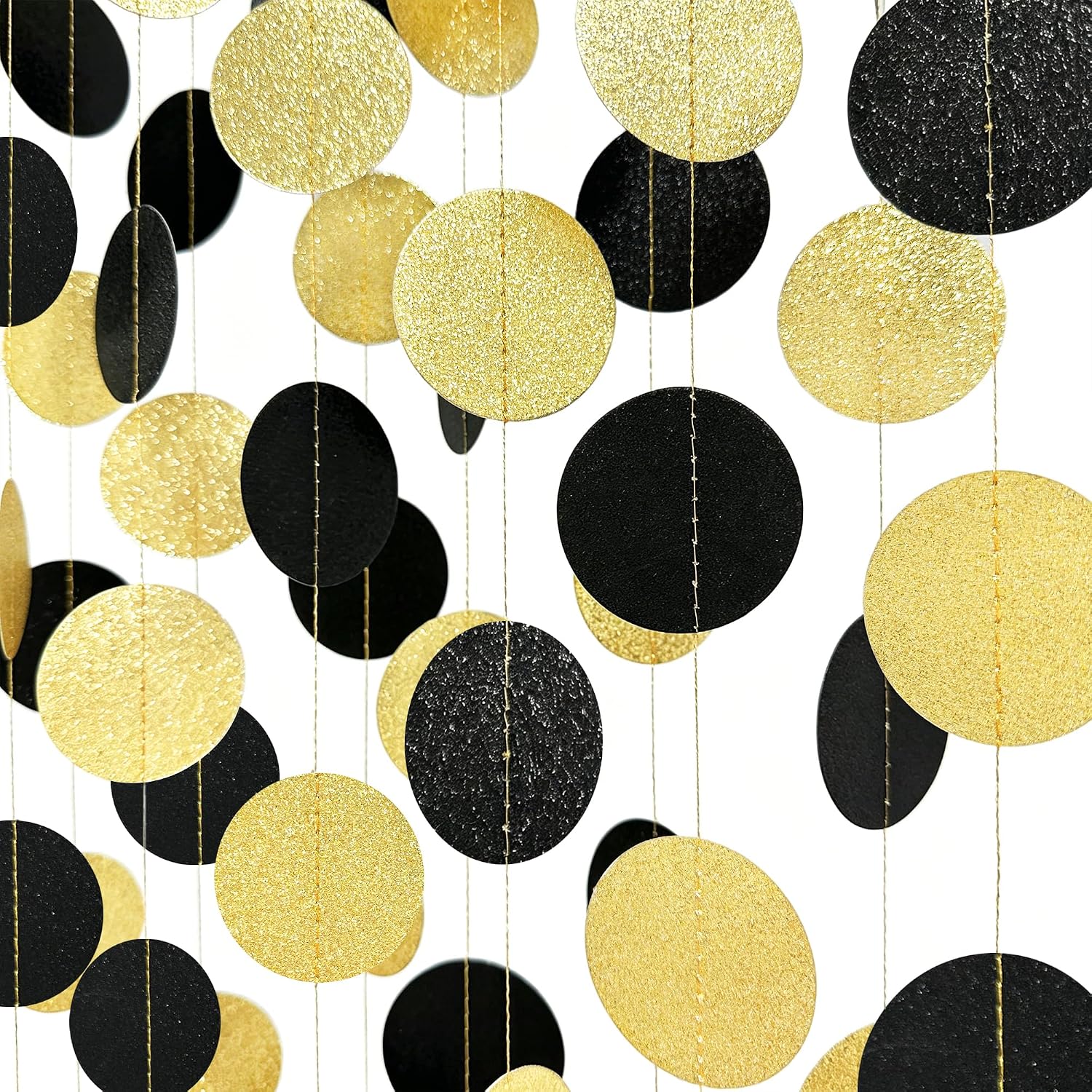 Black Gold Decorations Polka Dots Garland Gold Black Glitter Paper Circle Dots Hanging Streamer for Graduations Birthday Bachelorette Wedding Anniversary Christmas New Year Party Decorations Supplies