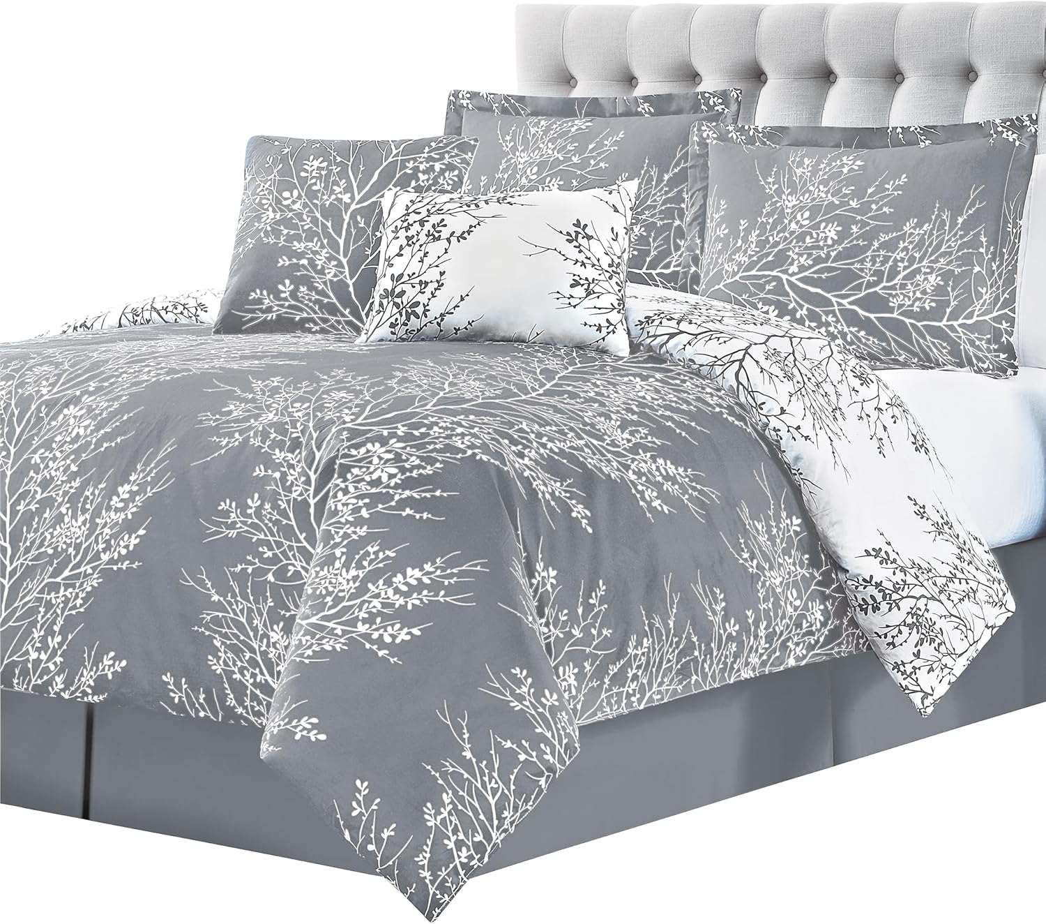 Spirit Linen - Twin Bed in a Bag, 5-Piece Oversized Reversible Bedding with Matching Sham & Bed Skirt, Elegant Home Decor for All Season (Foliage Grey/Ivory, Twin/Twin XL) Grey/Ivory Twin/Twin XL
