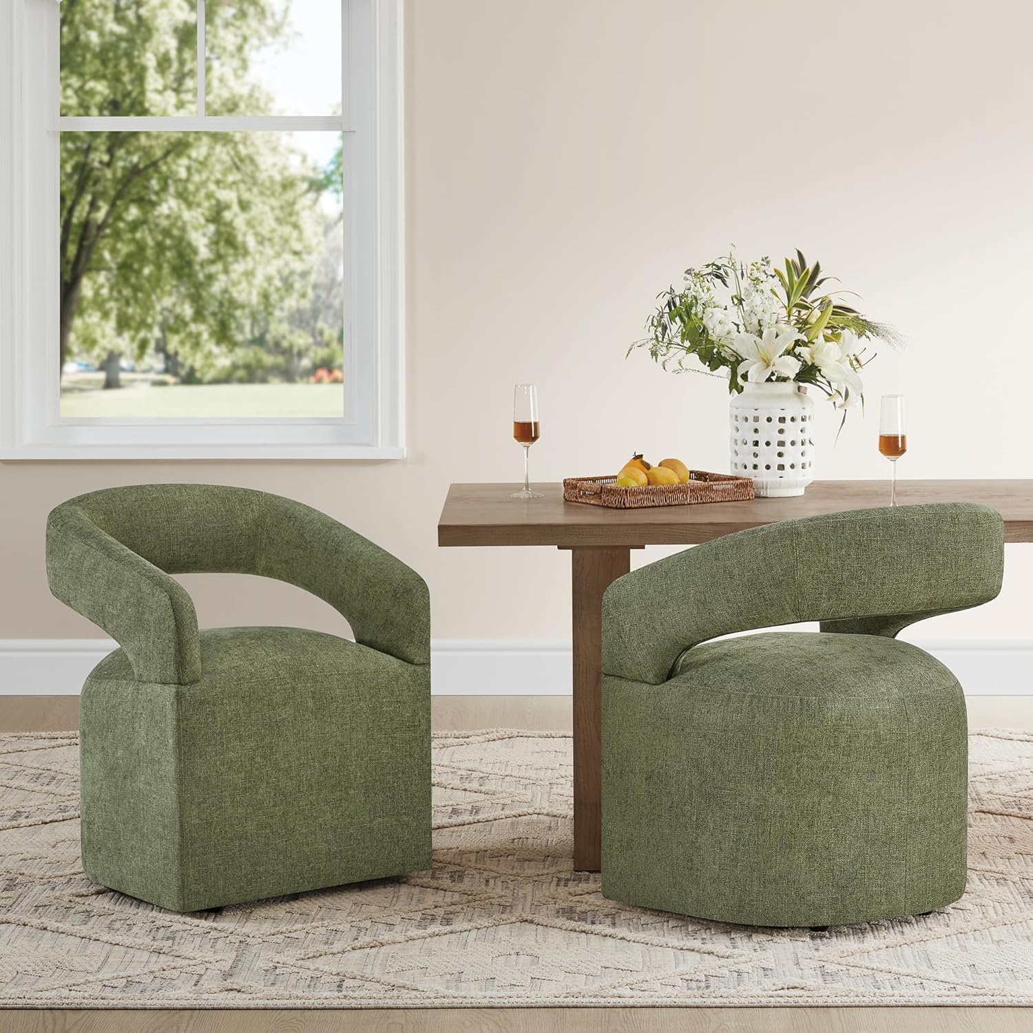 Upholstered Dining Chairs with Removable Casters Barrel Side Armchair with Rollers for Diningroom Bedroom Livingroom Reading Room, Green, 1PCS Green 1 PCS