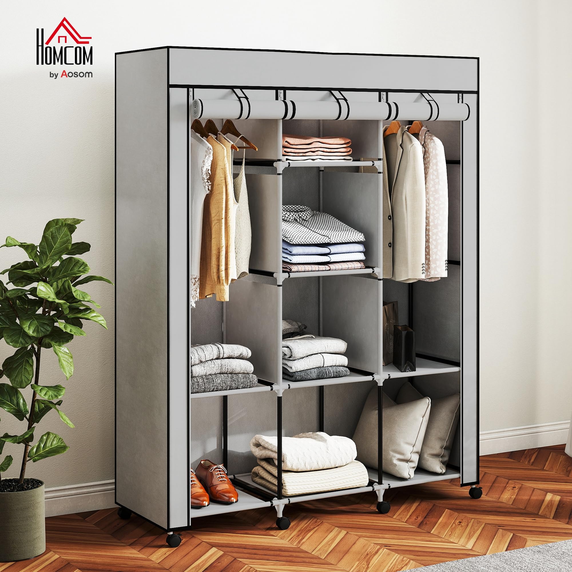 HOMCOM Kleiderschrank Stoffschrank mit Kleiderstange, Ablagen, Reißverschluss Faltschrank Stoffkleiderschrank für Schlafzimmer, Ankleidezimmer, 125 x 43 x 162,5 cm Hellgrau