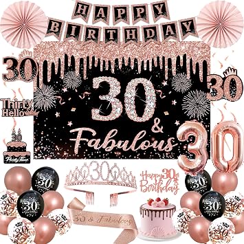 30th Birthday Decorations for Women - 34pcs Black Rose Gold Birthday Party Decor Include Happy 30th Birthday Banner 30 Years Old Crown Sash Backdrop Balloons Cake Topper Hanging Swirls Paper Fans
