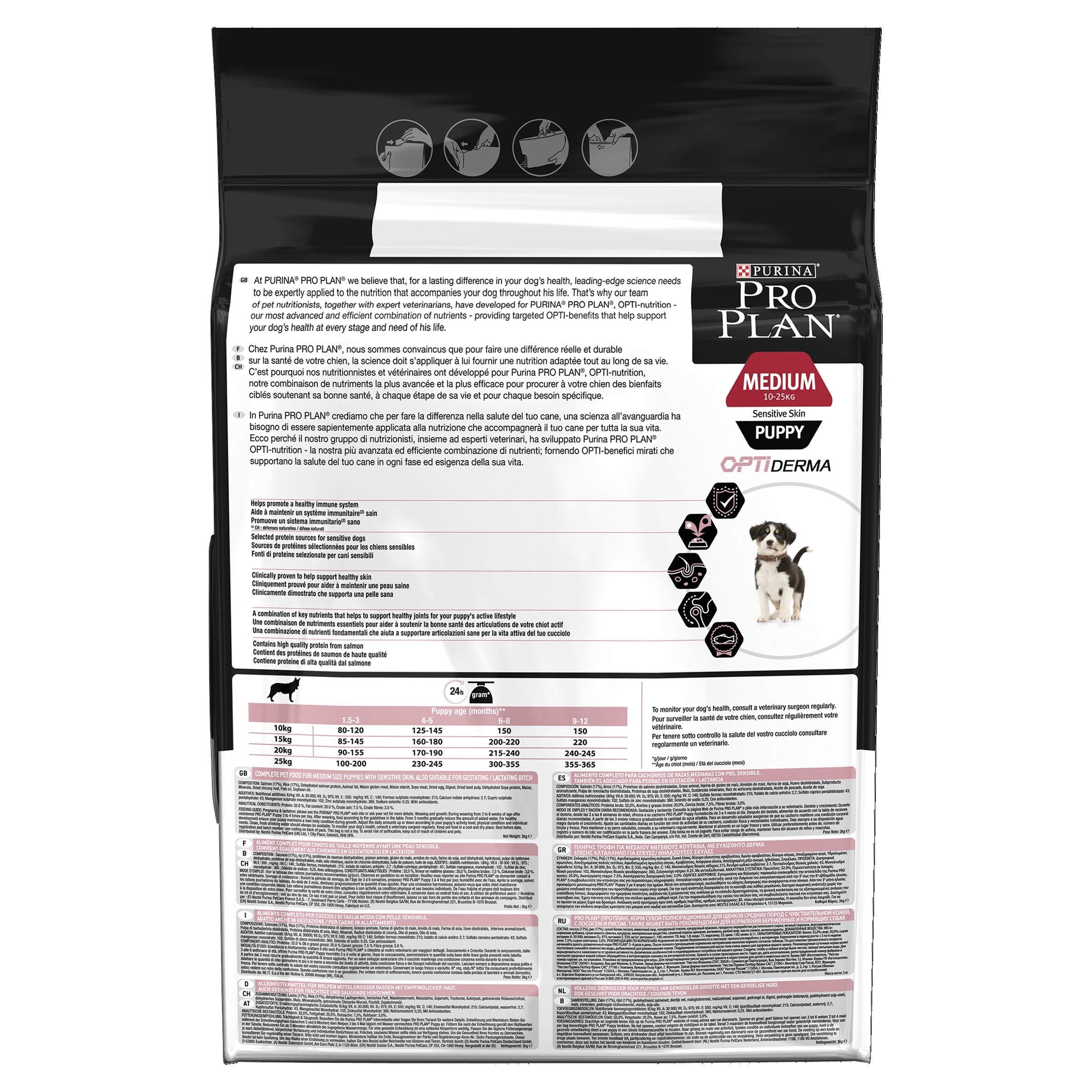 Pro Plan Medium Puppy Sensitive Skin avec OPTIDERMA Riche en Saumon - 3 KG - Croquettes pour Chiot de Taille Moyenne