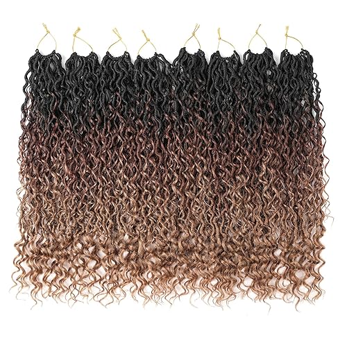 Miniatura 8 de Cabello de ganchillo Boho Goddess Locs de 18 pulgadas, 7 paquetes de cabello sintético degradado de tres tonos con extremos rizados, trenzas de