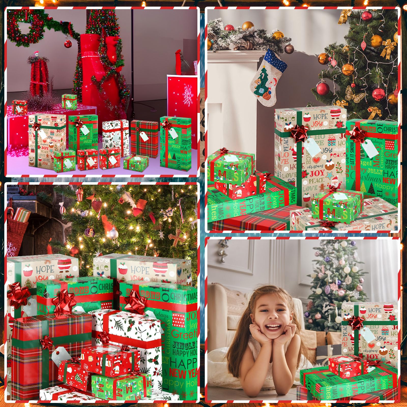 Lot de 24 boîtes cadeaux de Noël avec couvercles et nœuds rouges - Boîtes cadeaux de Noël - 4 tailles - Boîtes cadeaux de Noël pour emballer des cadeaux de Noël