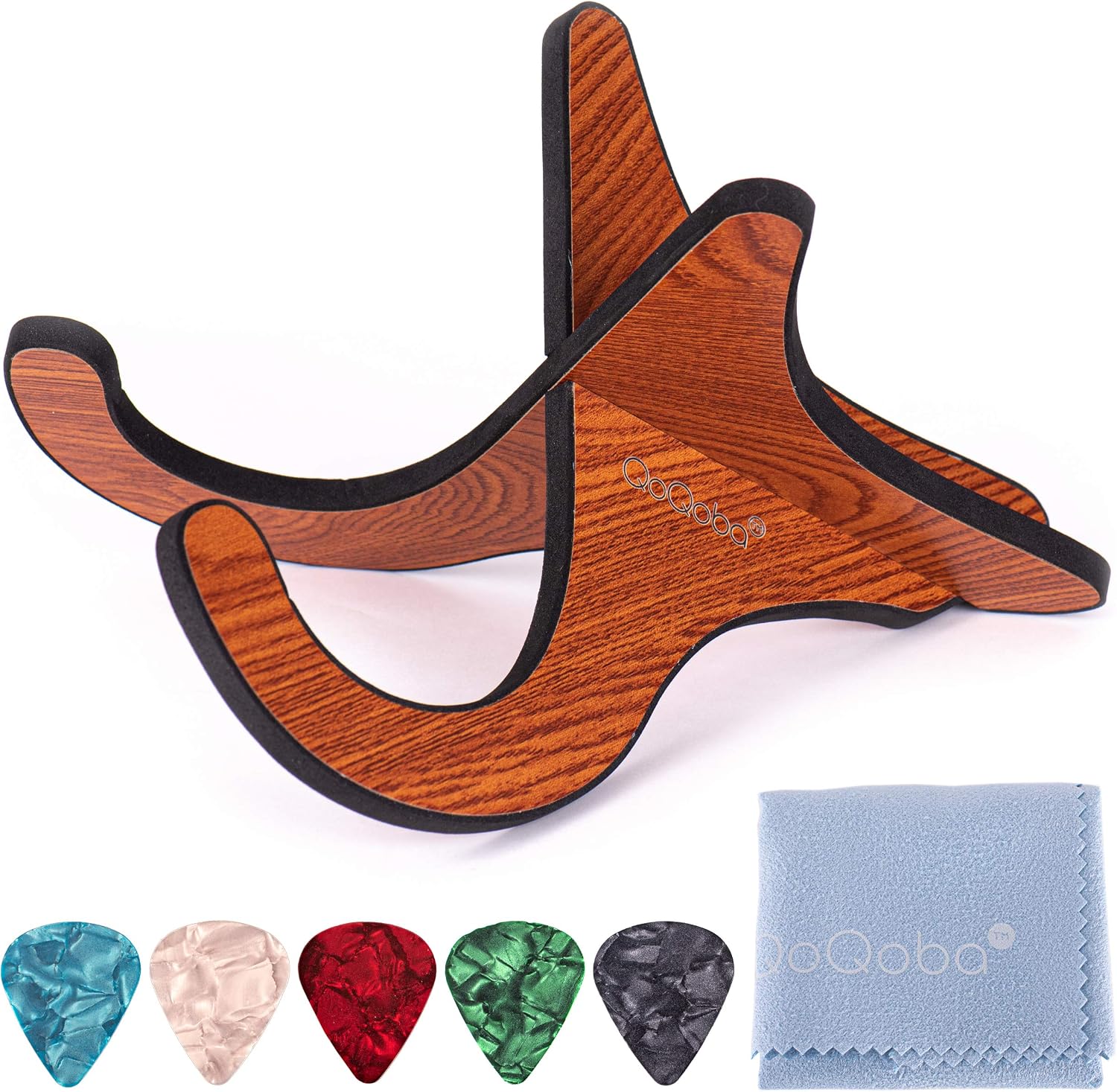 QoQoba Portable Wood Ukulele Stand w/Scratch-Proof Edges | Wooden Kids Ukulele Stand Holder | Collapsible Foldable Ukulele Stand Floor | Picks (5pcs)| Microfiber Cleaning Kit (SMALL)