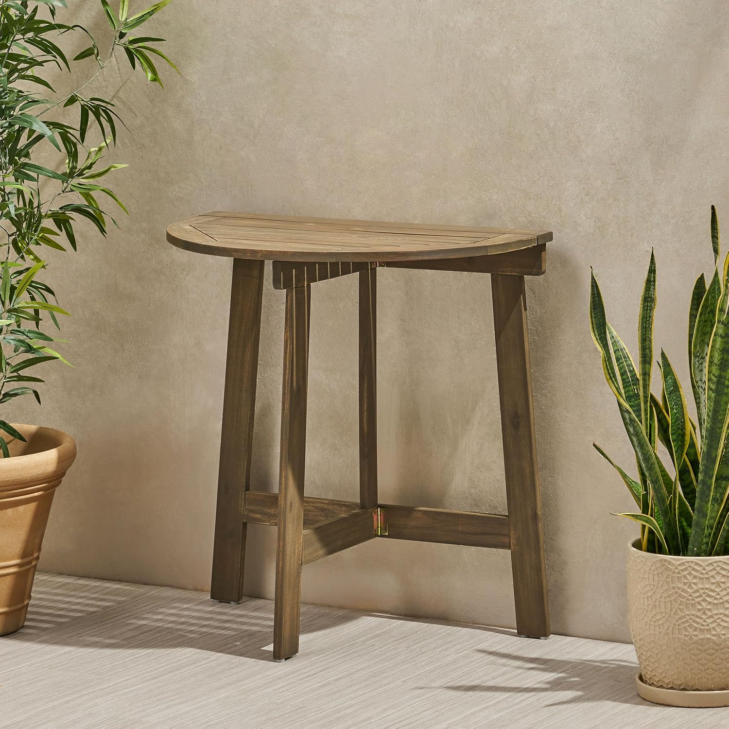 Kaimei Acacia Wood Folding Bistro Table for Balcony, Grey Half-Round Patio Table for Small Spaces