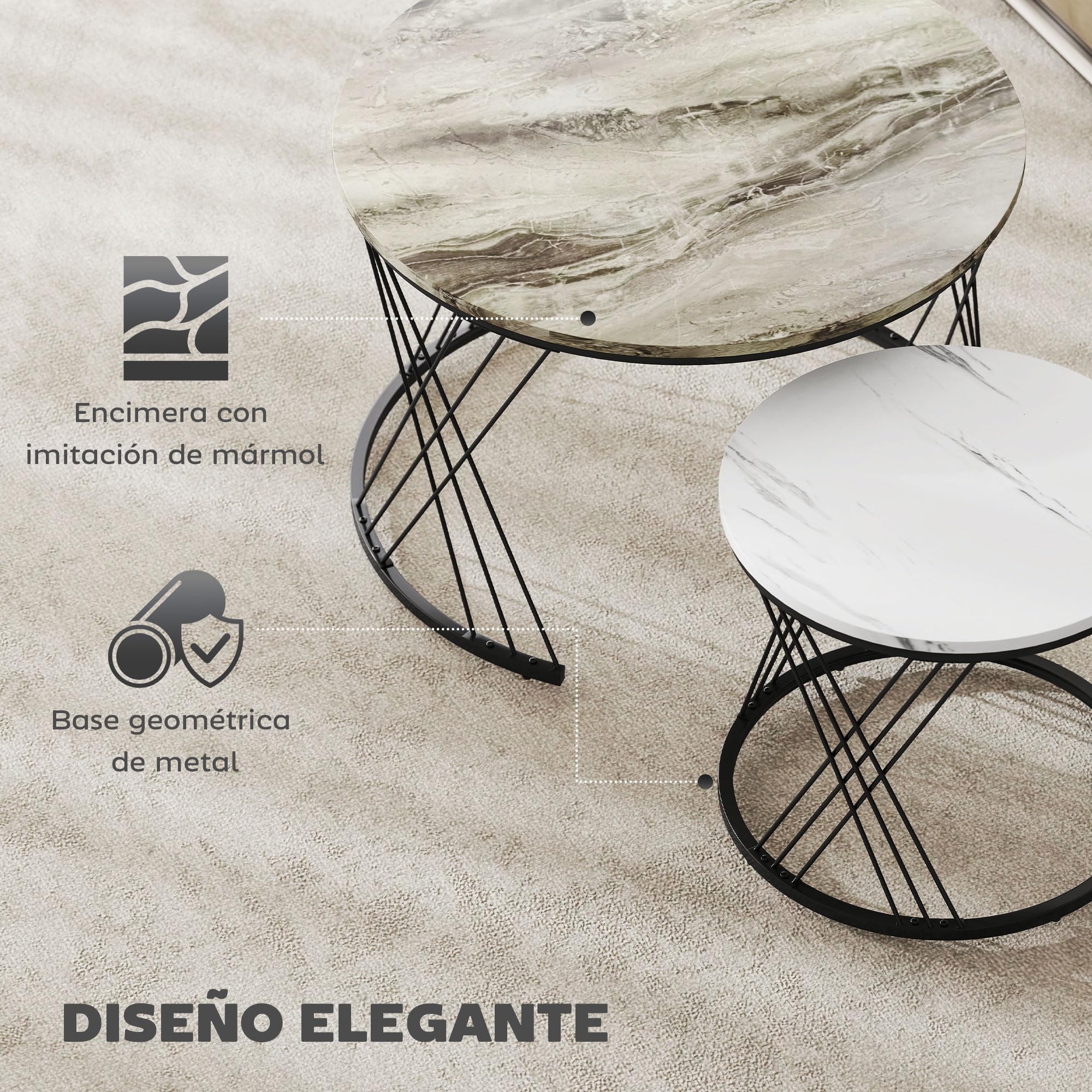 HOMCOM Juego de 2 Mesas Nido Mesas de Centro para Salón Redondas con Tablero con Diseño de Mármol Marco de Metal para Sala de Estar Dormitorio Gris y Blanco