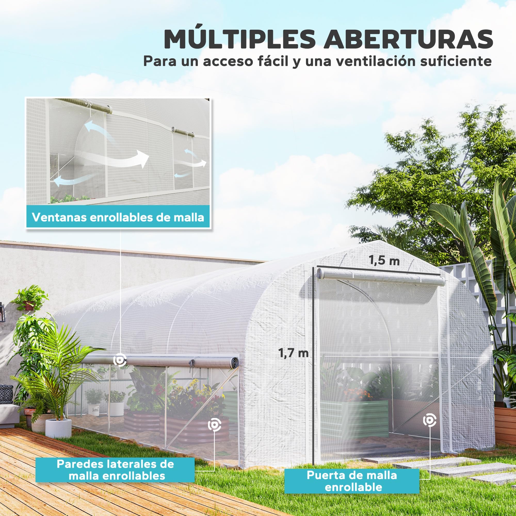 Outsunny Invernadero de Exterior 6x3x2 m con 8 Ventanas PE Anti-UV Blanco | Invernadero de Túnel, Puerta Enrollable con Cremallera, Laterales de Malla
