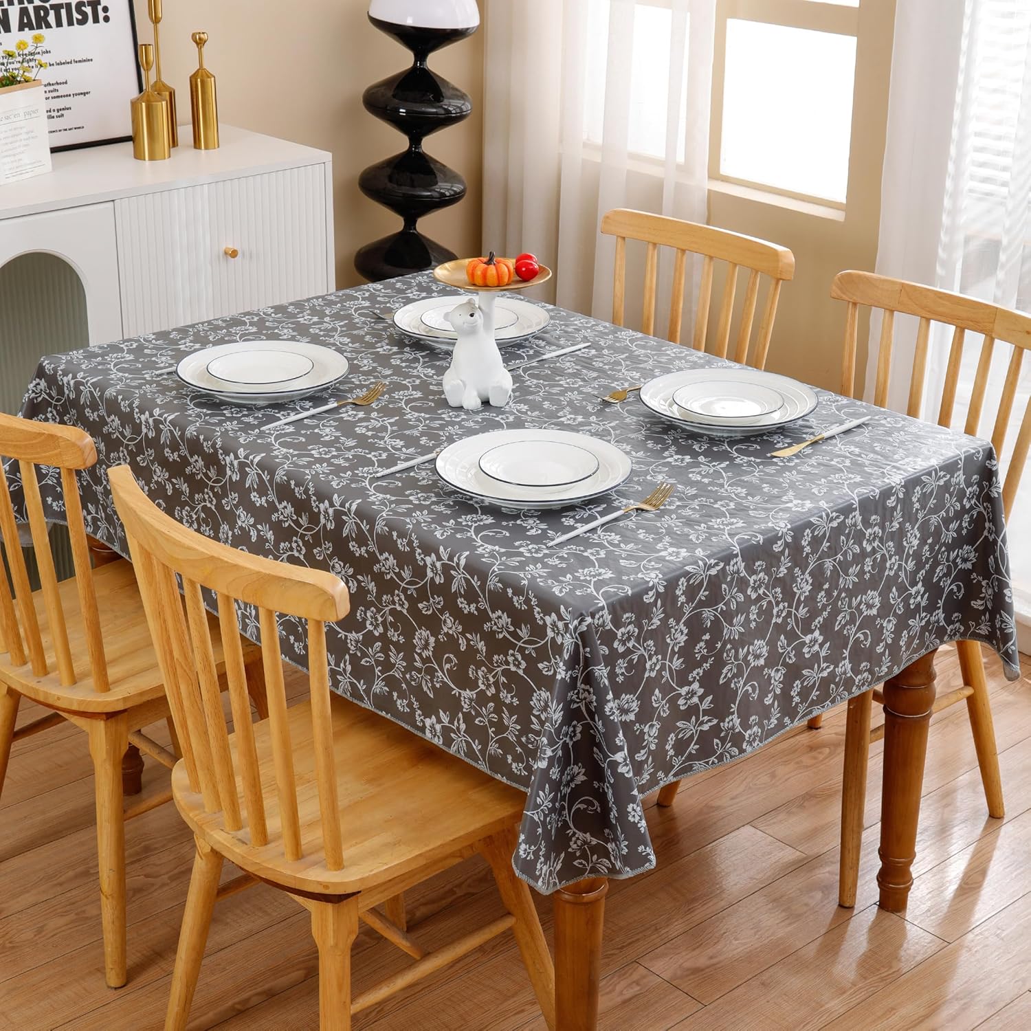 Heavy Duty Vinyl Tablecloth with Flannel Backing Waterproof Oil-Proof Plastic Table Cloth Stain-Resistant Wipeable Rectangle or Square Table Cover for Indoor and Outdoor (Grey Floral,60x84 Inch) Grey Floral 60" x 84" (Rectangular)
