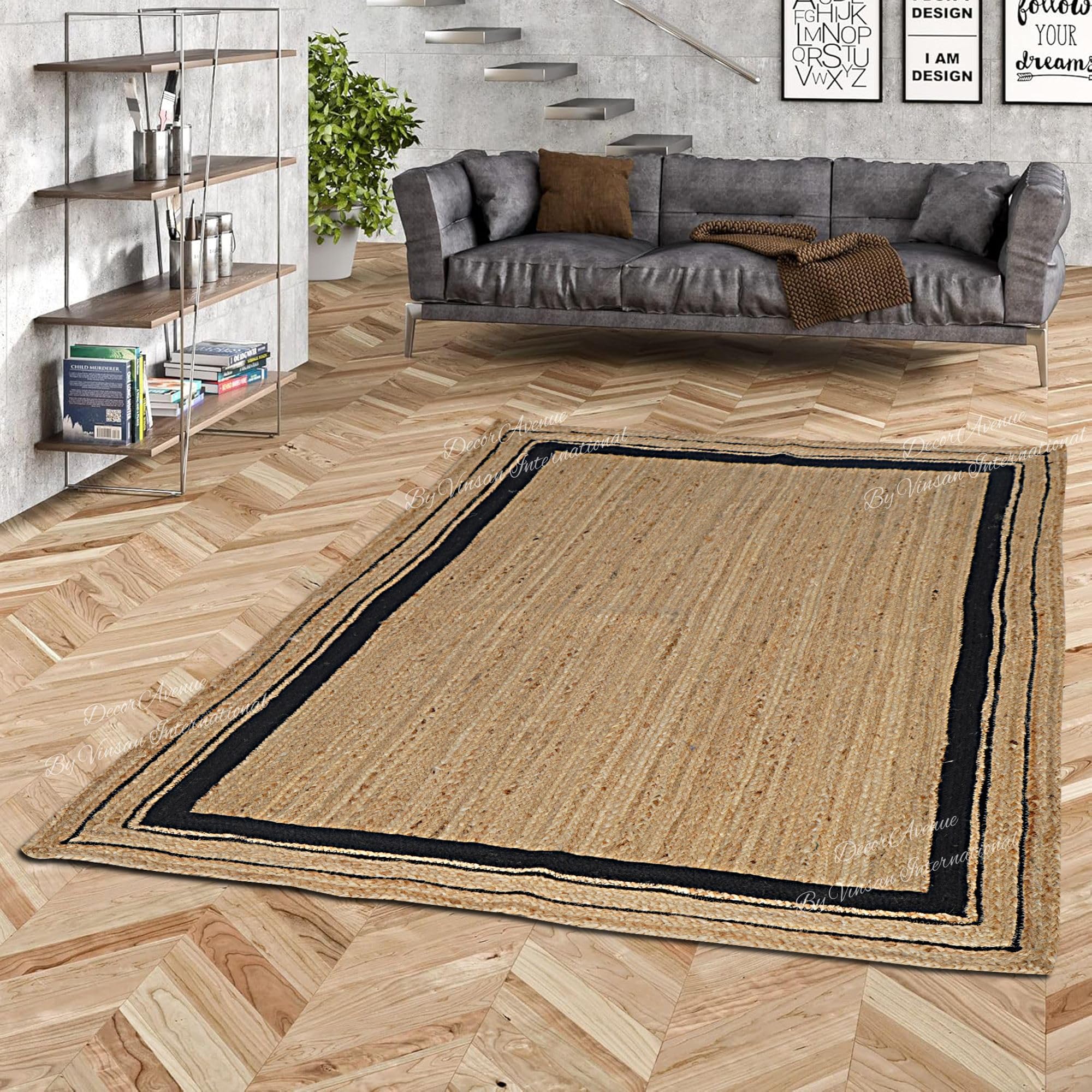 DecorAvenue Indian Handmade Handwoven Braided Jute Area Rug (Black, 150 x 150 cm Square)