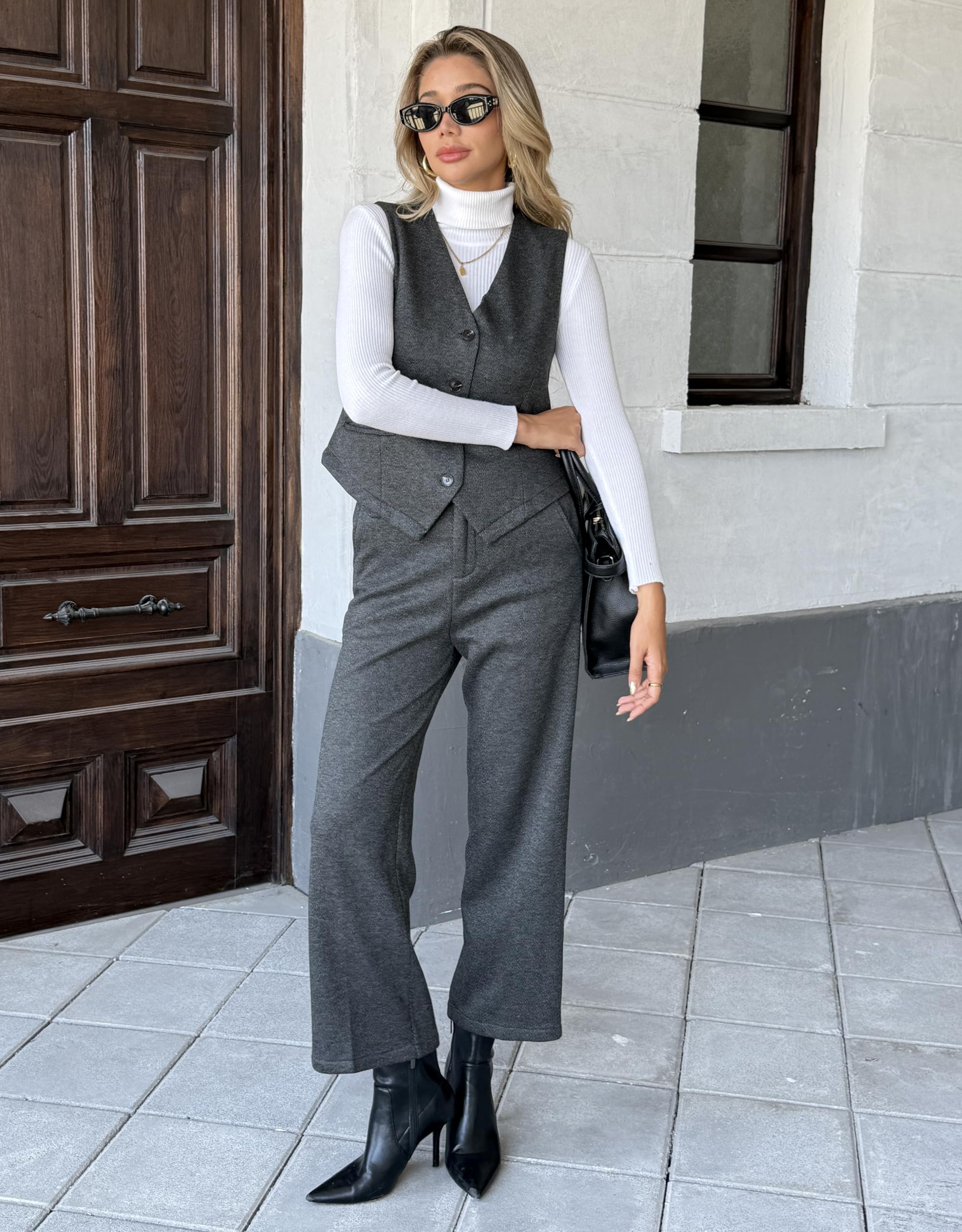 Fakanhui Damen-Winter-Thermohose, Wollmischung, Tweed, bauchfrei, weites Bein, Fleece-gefüttert, Business-Casual-Hose