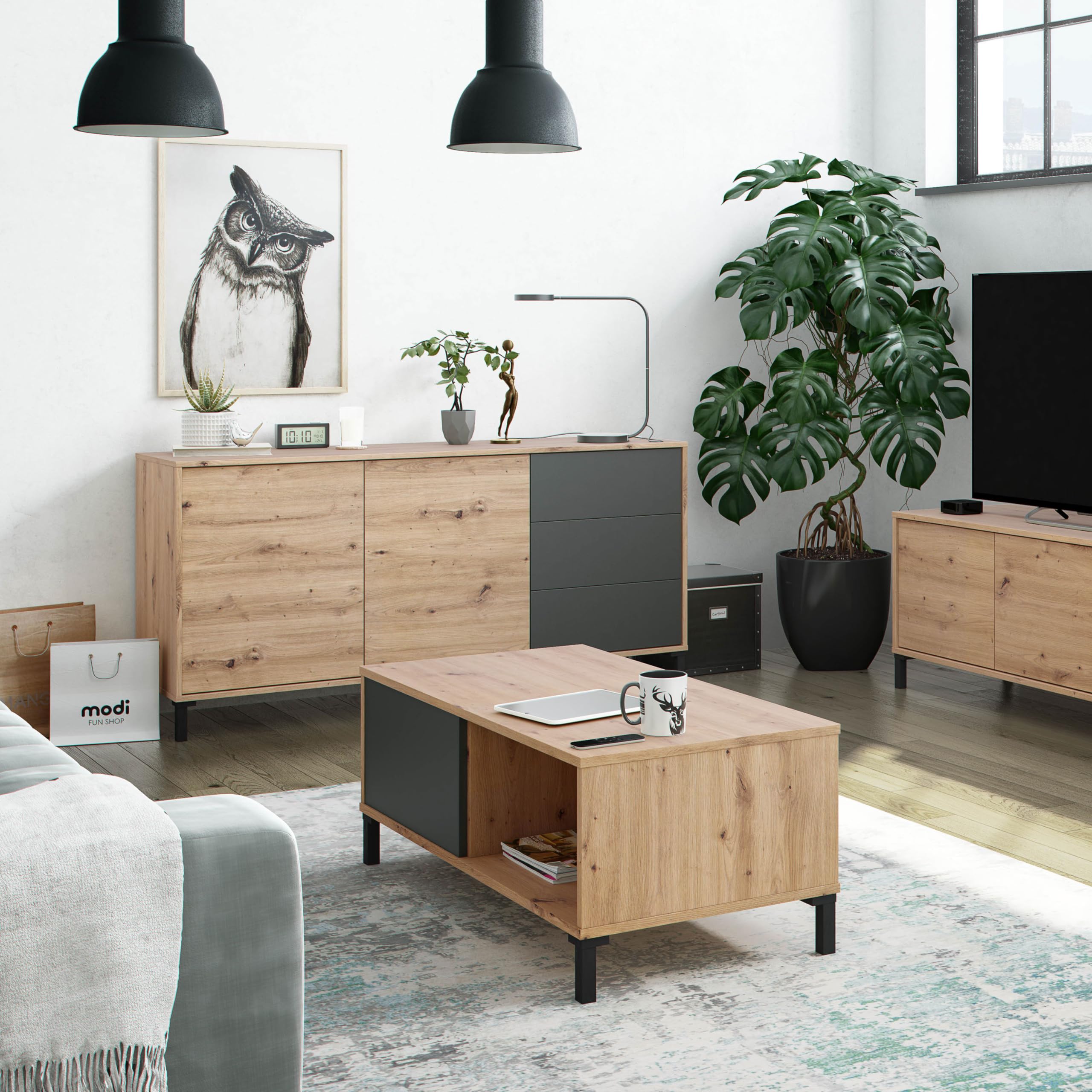 Habitdesign Mesa de Centro con 2 Huecos, Mesa Auxiliar, Modelo Brooklyn, Acabado en Roble Nodi y Gris Antracita, Medidas: 100 cm (Largo) x 50 cm (Ancho) x 40 cm (Alto), Pequeña, 0Z1641W