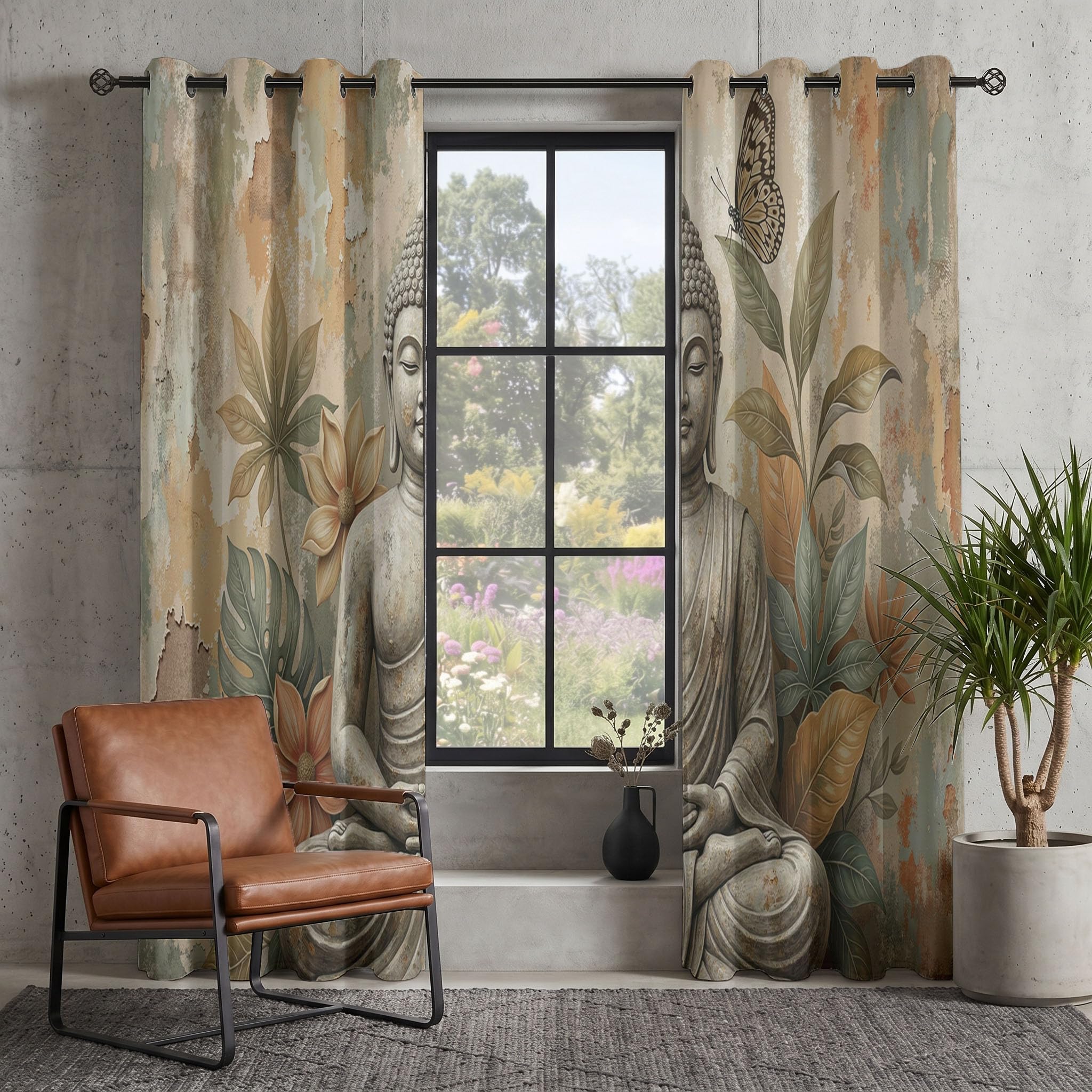 Stile Zen retrò Tende Oscuranti per Interni, 2 Pannelli, 140 X 220 cm | Tenda Termica Isolante Freddo e Caldo, Statua di Buddha Fiori di Monstera, per Camera da Letto e Soggiorno Marrone-verde