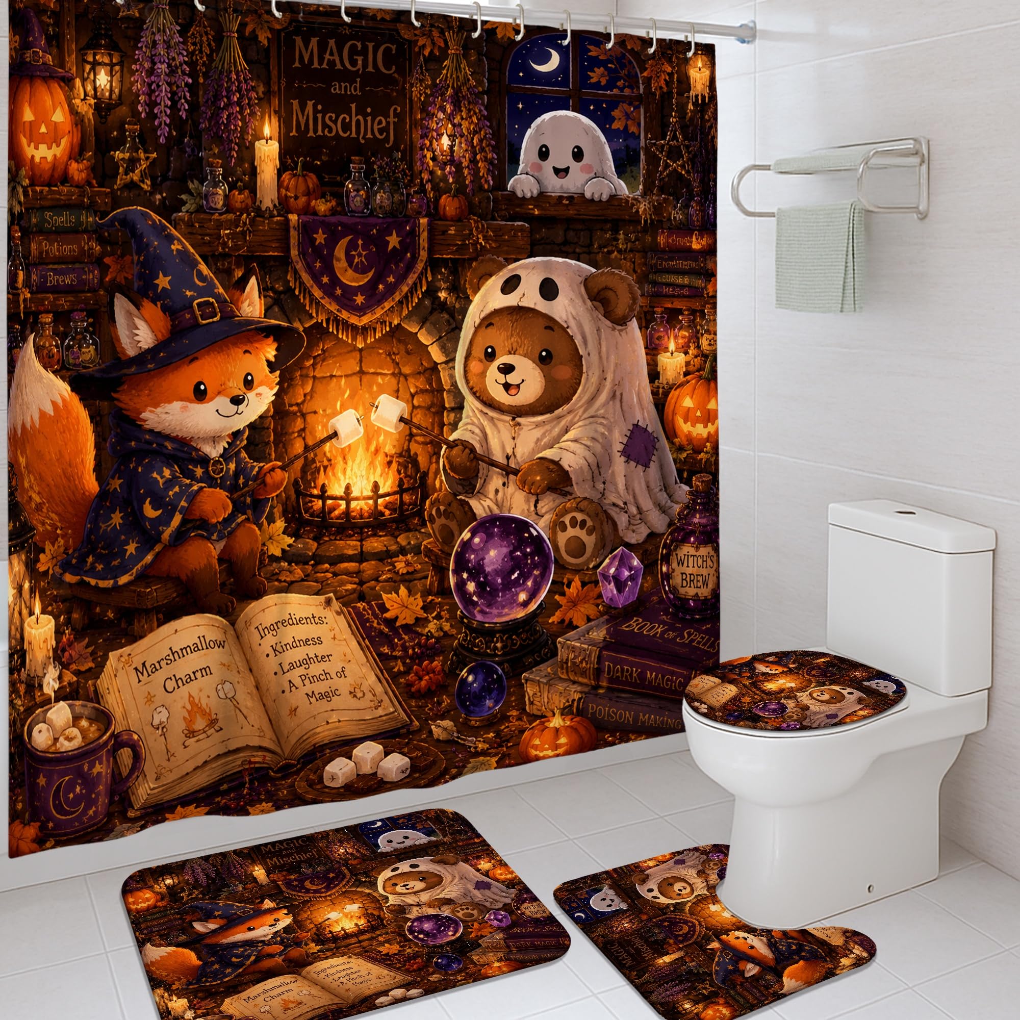 Rideau de douche renard Halloween avec tapis orange pour déco de salle de bain