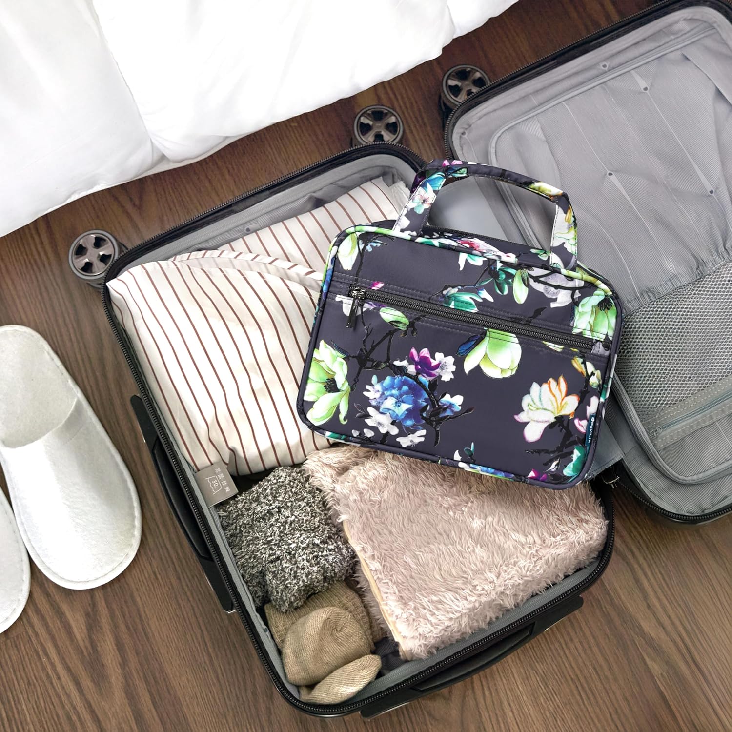 PAVILIA Hanging Toiletry Bag Travel Bag Women Men, Foldable Cosmetic Organizer, Roll up Makeup Bag, Water Resistant Accessories Toiletries, Large Travel Essentials Kit (Grey Floral) - Image 6