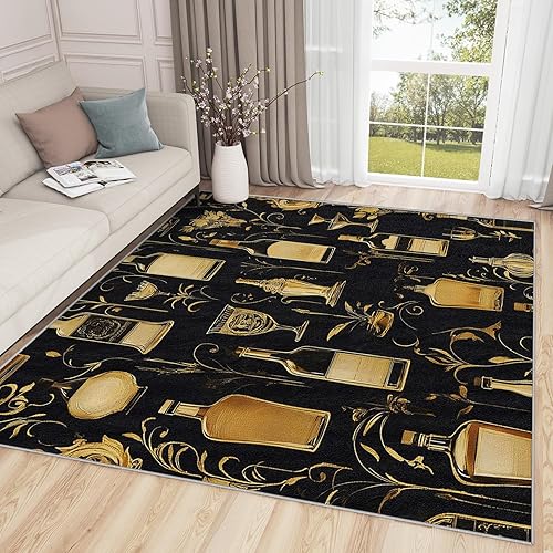 Alfombras de bar para el hogar, alfombra de cóctel de whisky, alfombra de 4 x 5, alfombra vintage de vino, alfombras lavables de lujo negro y dorado disponible en Yaxa Colombia