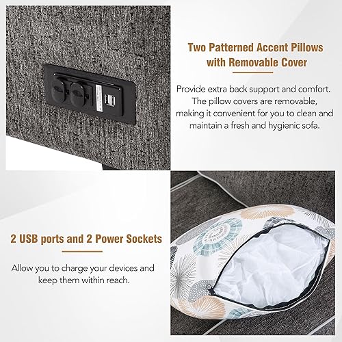 Miniatura 7 de Sofá cama de 83 pulgadas con 2 puertos USB, 2 enchufes eléctricos y 3 almohadas, sofá en forma de L, moderno y convertible para sala de estar,