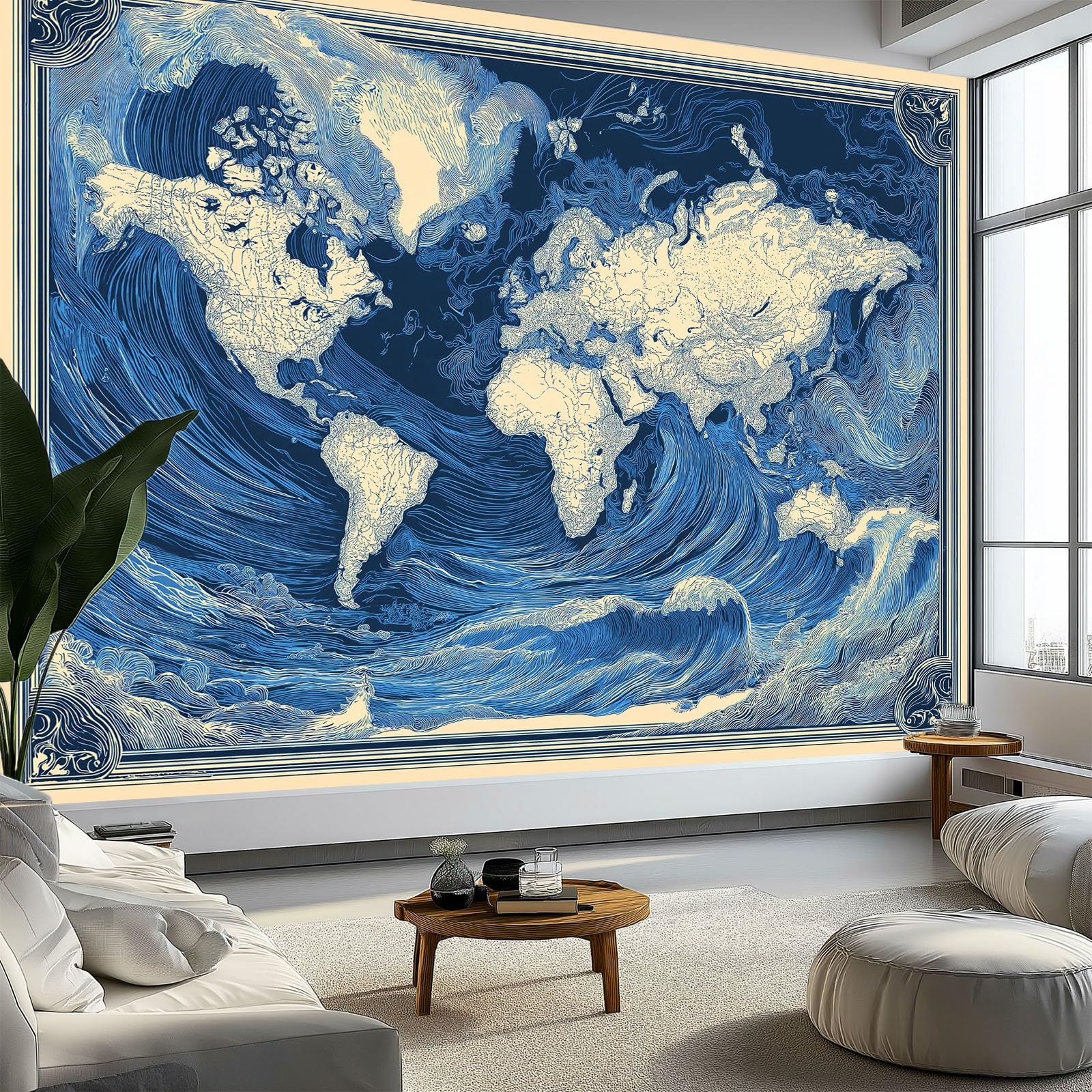 Générique Plakat retro mapa świata z falami oceanu, panoramiczna tapeta 500 x 280 cm, fototapeta z włókniny, do salonu i sypialni, kuchni, niebieski plakat obrazy ścienne