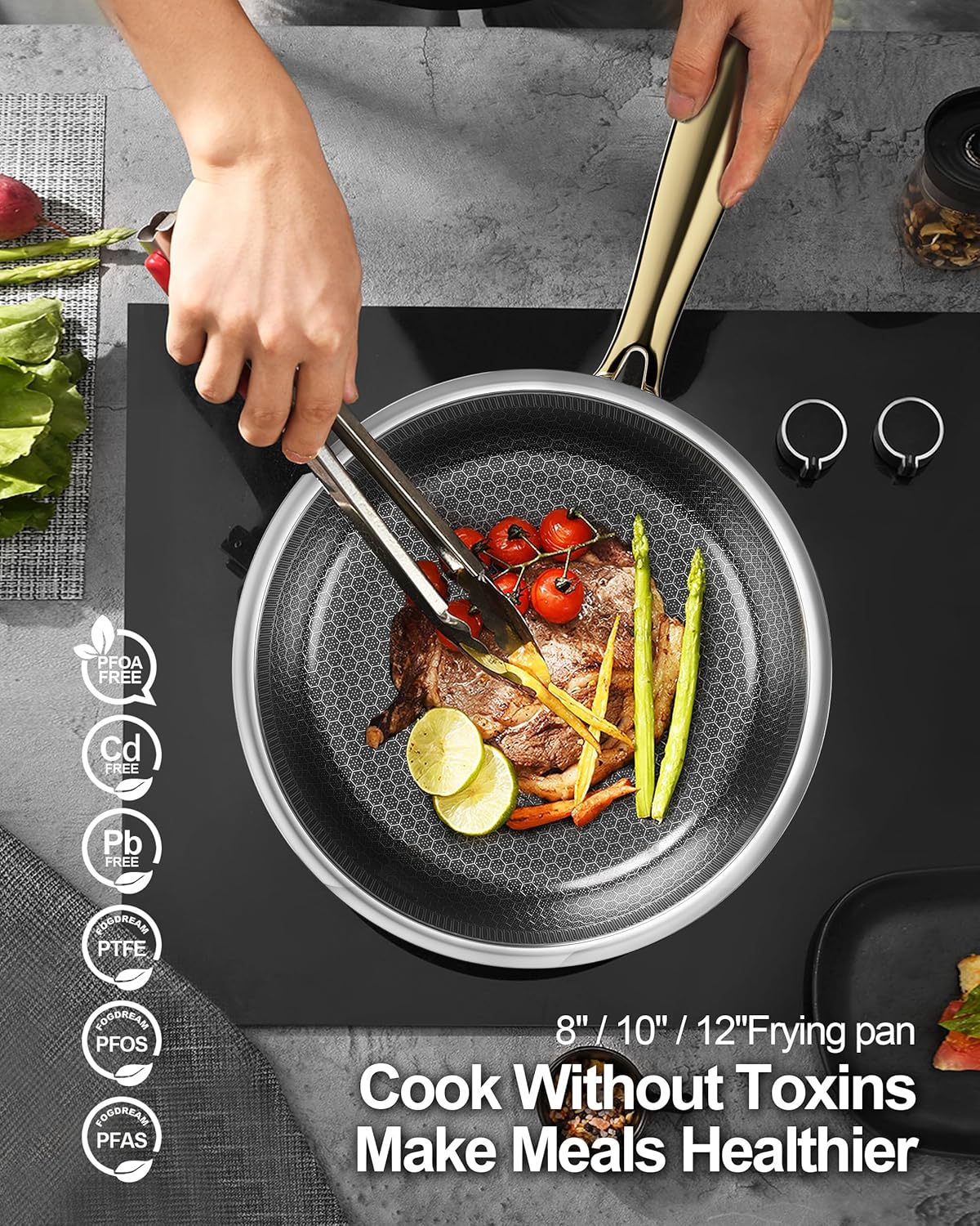 FogDream 3 Pcs Non Stick Frying Pans without Lids, 8, 10 & 12 Inch Stainless Steel Skillets, Tri-Ply Stainless Steel for All Cooktops, Dishwasher & Oven-Safe Cooking Pan, Stay-Cool Handle, Gold - Image 2