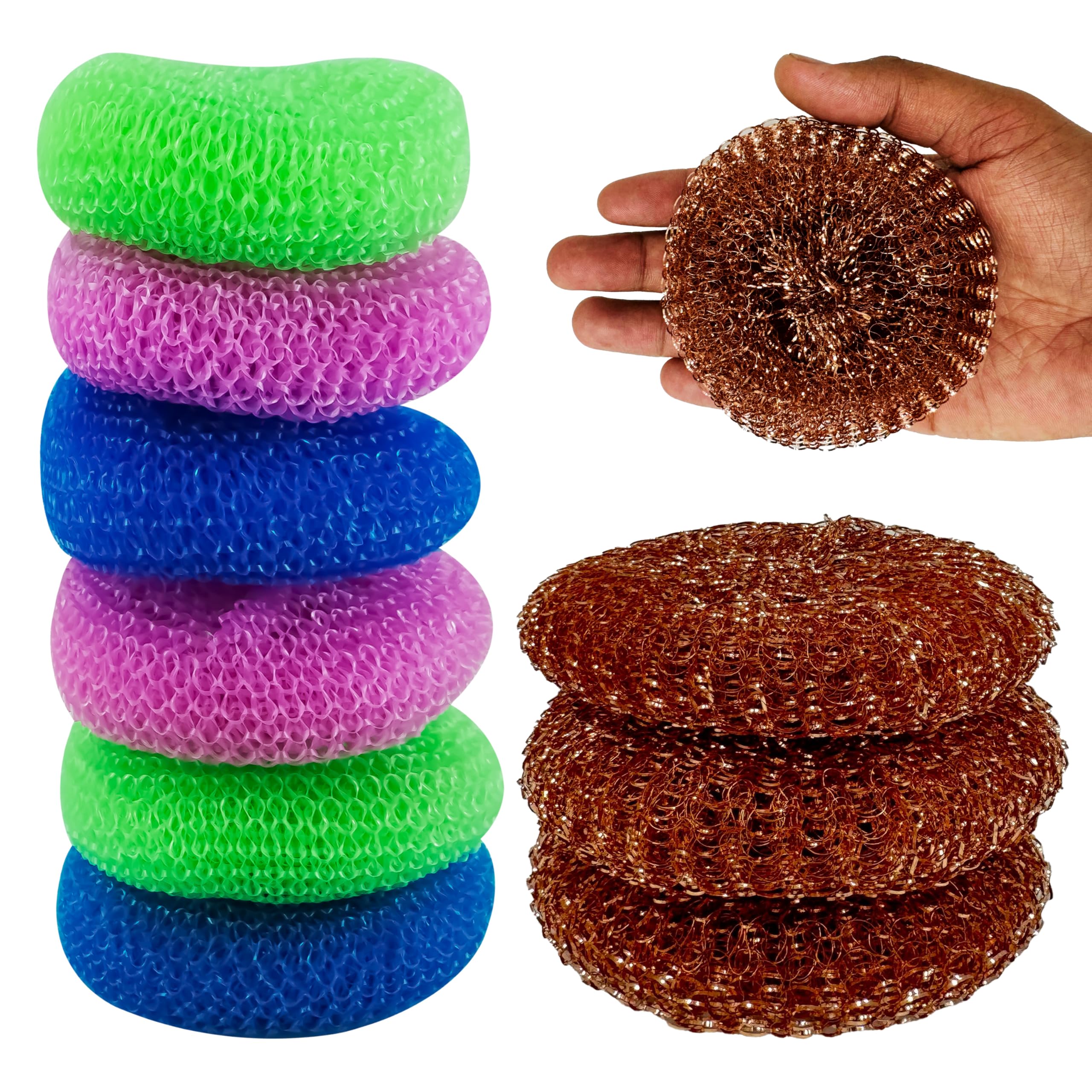 9x Scourer Set – Non Scratch Copper Coated Mesh Scrubbers and Polypropylene Cleaning Pads – Reusable Kitchen Scouring Tools for Pots Pans Grills Cookware – 9cm