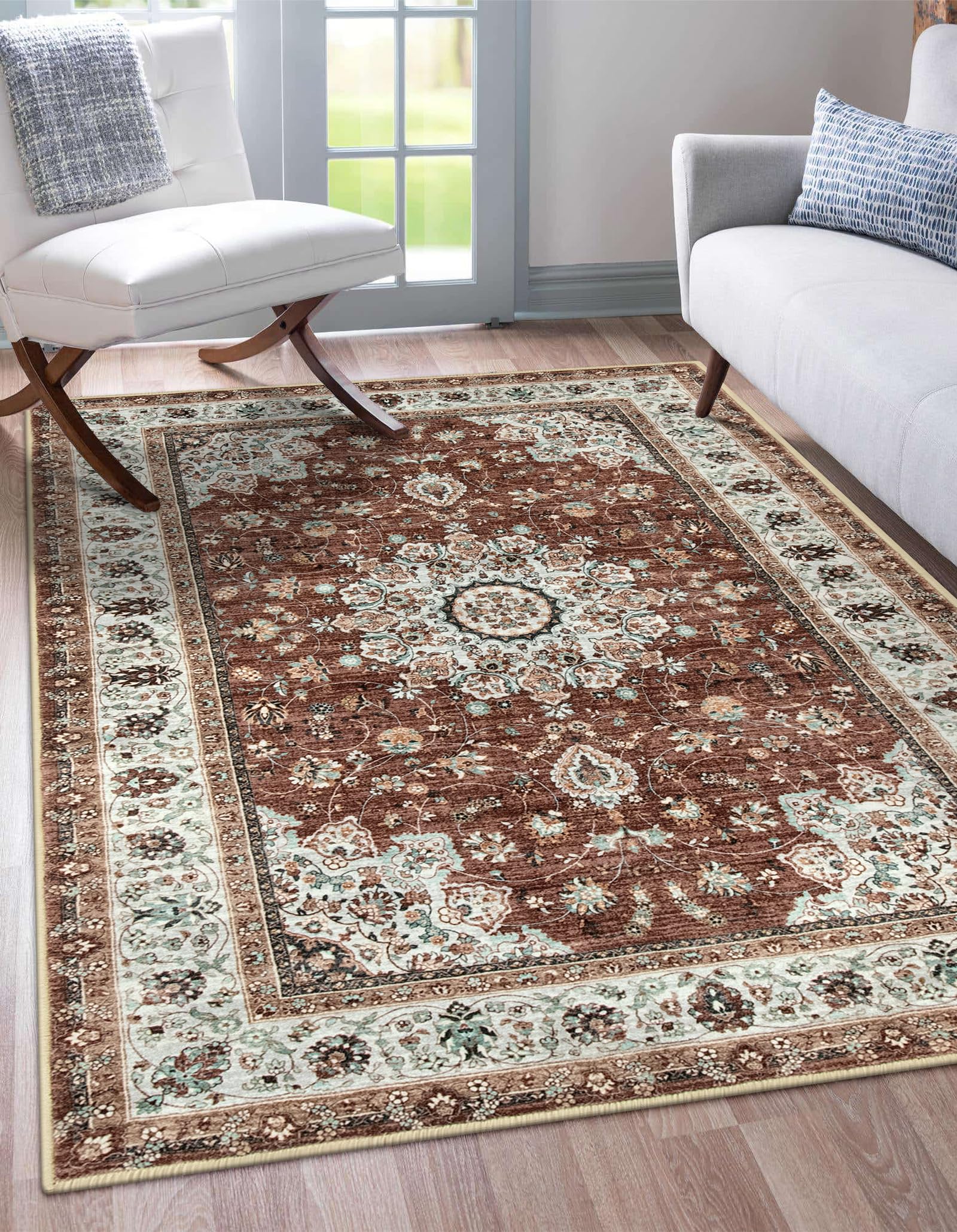 Lahome 6x9 Area Rugs Washable Rugs for Bedroom Large Brick Red Bedroom Rug, Ultra Soft Rugs for Living Room Low-Pile Non-Slip, Boho Oriental Floral Print Carpet for Nursery Kids Room