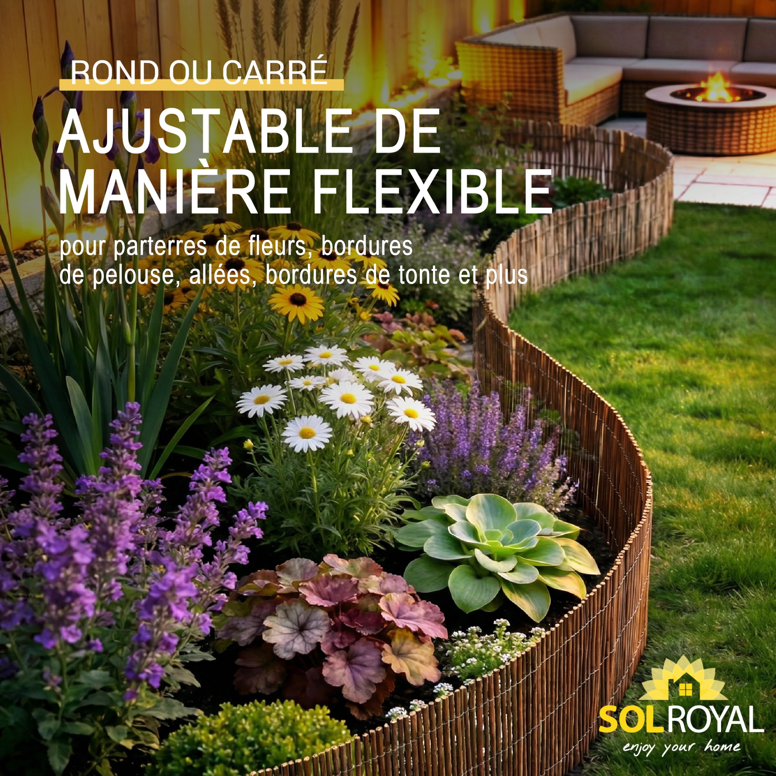 Sol Royal Bordure Jardin Exterieur 30x300 cm – Palissade Cloture Bordure Jardin Exterieur Bois Flexible avec 7 Piquets & 14 Serre-câbles – WB79
