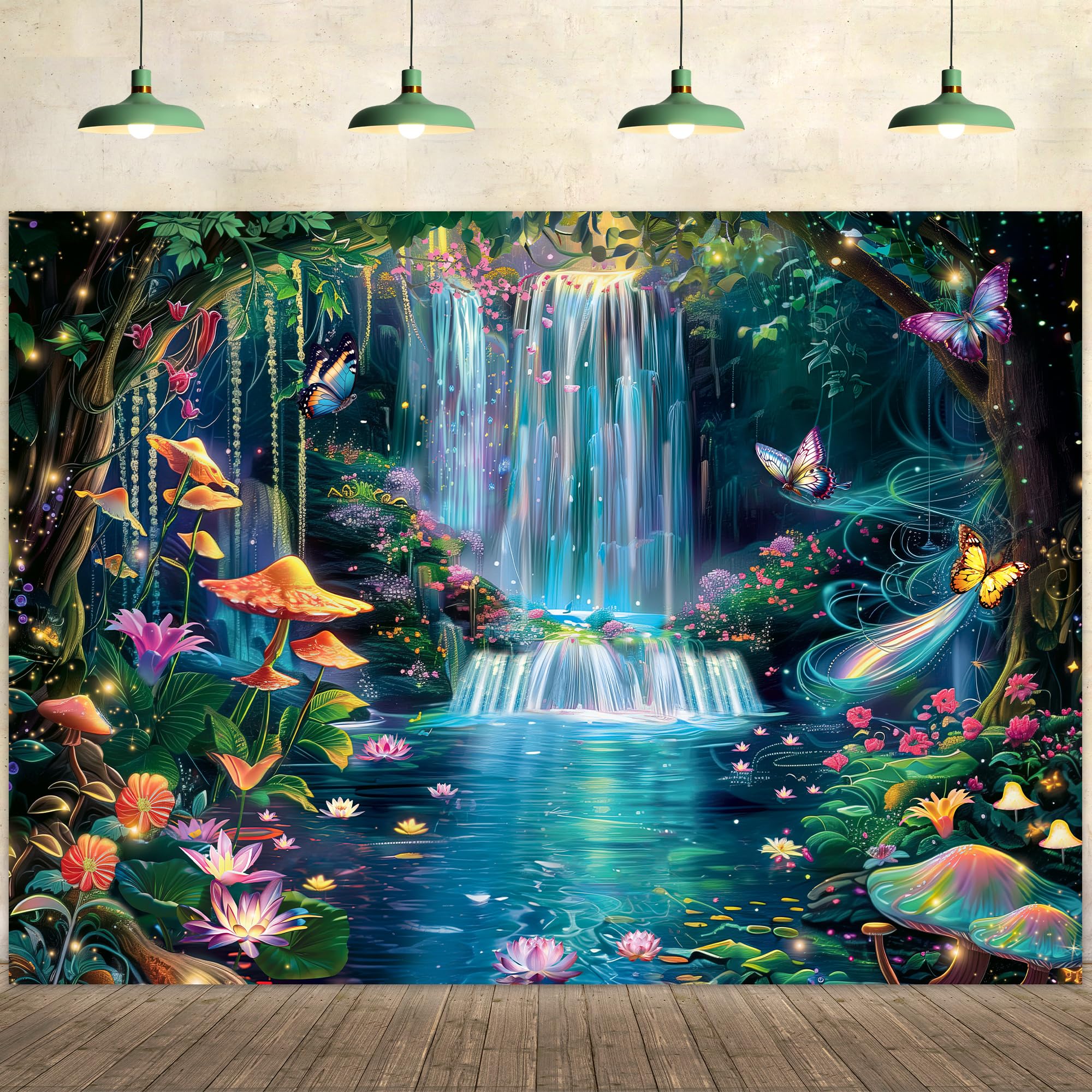Imirell Fairy Backdrop 7Wx5H Feet Enchanted Woodland Waterfall Mushroom Green Butterfly Flower Polyester Fabric Tree Plant Leaves Birthday Photography