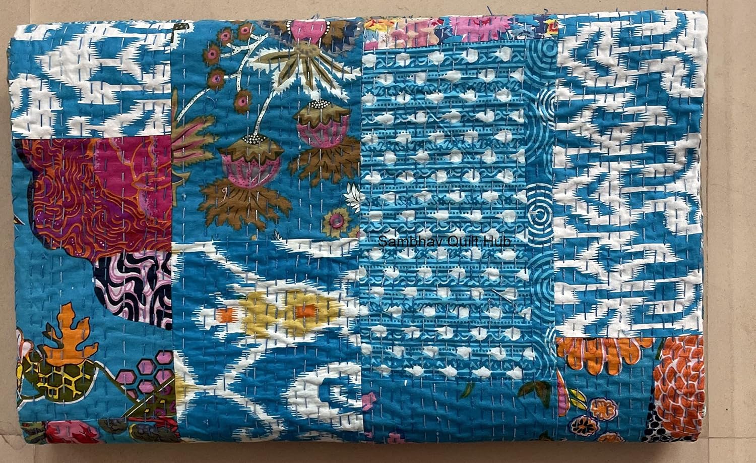 Turquoise Handblock Multi Floral Assorted Cotton Patchwork Kantha Quilt Home Decorative Handmade Patch Quilted Twin Size Bohemian Bedding Throw Blanket Vintage Quilt