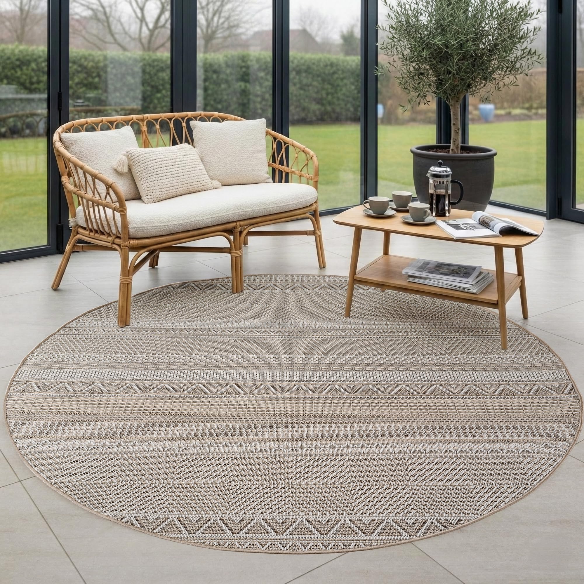Carpettex Dywan zewnętrzny okrągły 200 cm bezowy, Odporny na Warunki Pogodowe i Promieniowanie UV, Dywan Ogród Taras Salon Jadalnia Wnêtrze Zewnêtrze, Styl Skandi Boho łatwy