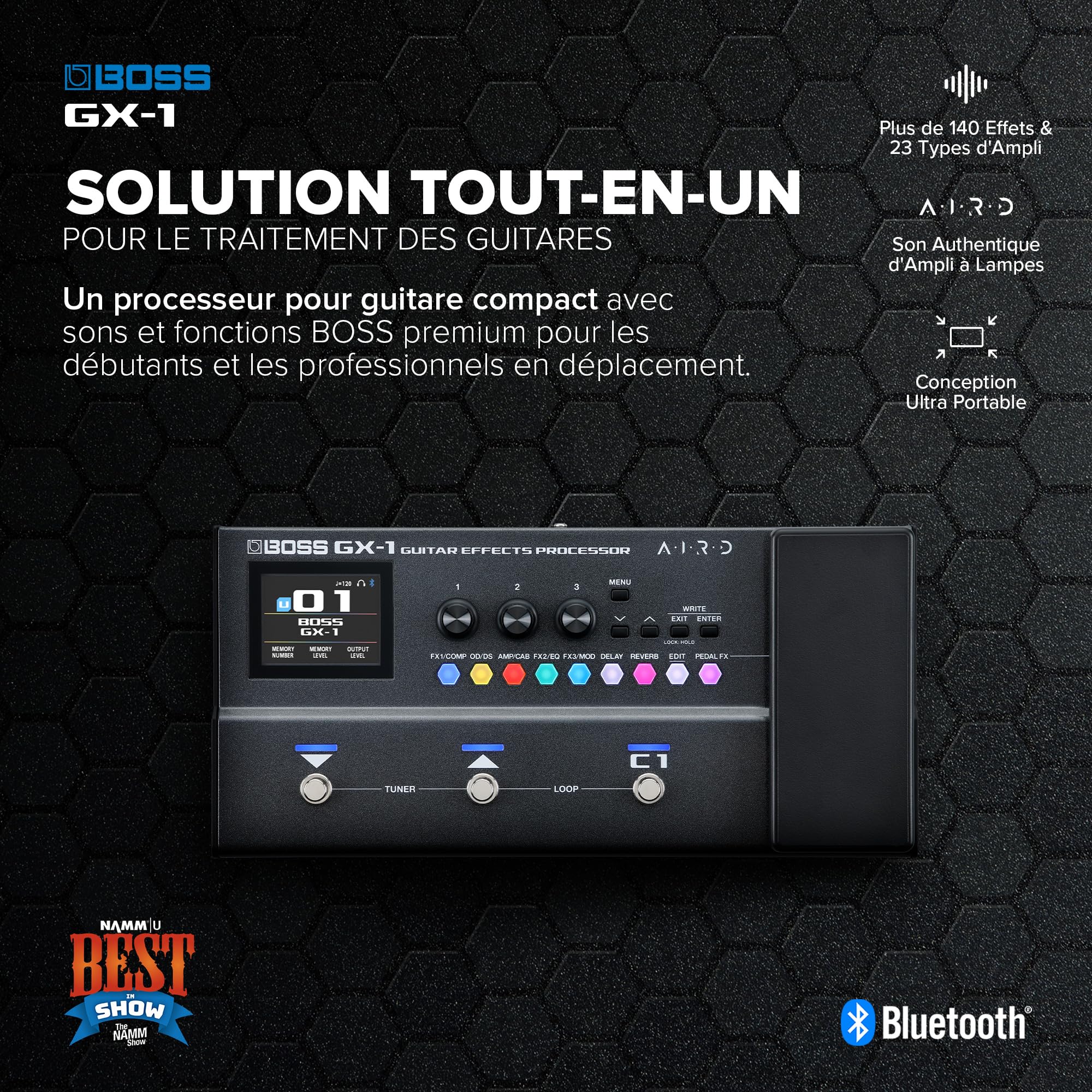 BOSS GX-1 | Processeur d'effets ultra portable pour guitare | Nombreux amplis et effets iconiques | Générateur de sons AIRD premium | Idéal pour guitaristes débutants | Connectivité Bluetooth