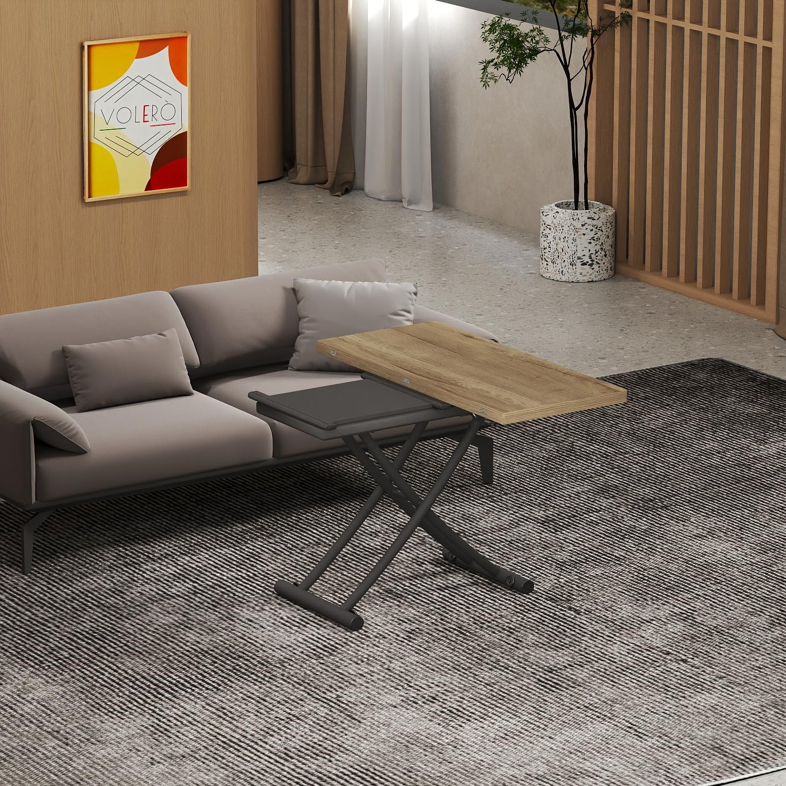 VOLERO' ; Mesa Convertible para Ahorrar Espacio, Modelo Ulisse Small, Mecanismo de Subida con regulación milimétrica de la Altura (Roble)