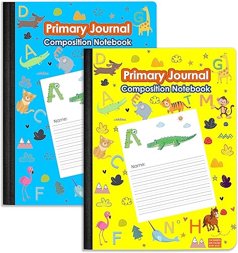Cuadernos de composición, cuaderno de composición de diario primario, ABC y estampado animal, 100 hojas, 200 páginas, 9.75 x 7.5 (paquete de 2,
