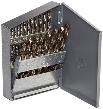 Chicago Latrobe 550 Series Cobalt Steel Jobber Length Drill Bit Set With Metal Case Gold Oxide Finish 135 Degree Split Point Inch 21-piece 1/16 - 3/8 in 1/64 increments