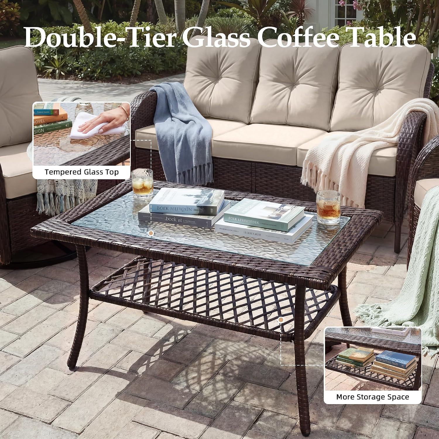UPHA 5 Pieces Patio Furniture Sets, Wicker Outdoor 3-Seat Sofa Set with Swivel Chairs, Patio Conversation Set for Deck Backyard Garden, Brown Rattan, Beige Cushion