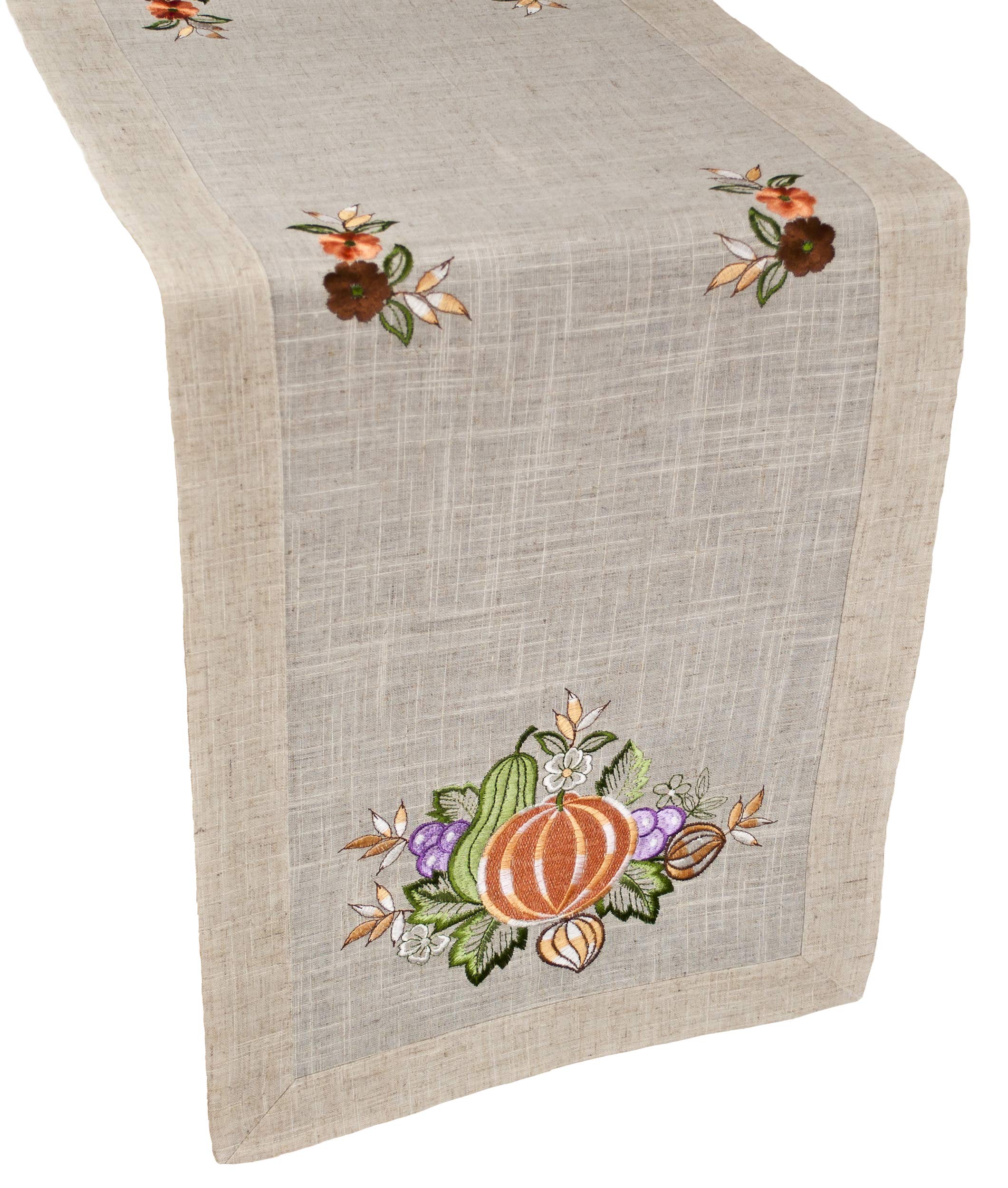 Fall Embroidered Pumpkin and Grapes on Beige Polyester Blend Linen with Border Hem and Fall Flowers Table Runner, Coffee Table Runner, Dresser Scarf, Doily (15Wx33.5L)
