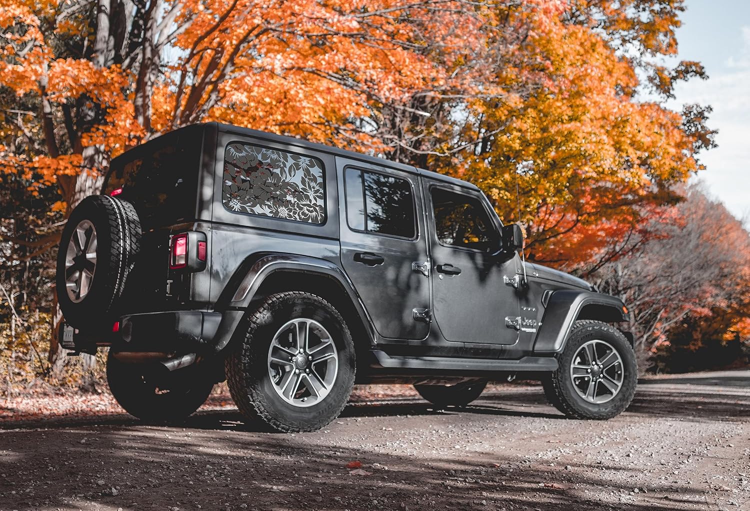 Floral Flower Print Rear Window Decals Fit 2018-2025 Wrangler 4 Door JLU Rear Quarter Window 2018 2019 2020 2023 2024 - Flowers Floral Decal Sticker Vehicle Vinyl Matte Black(4 Door only)
