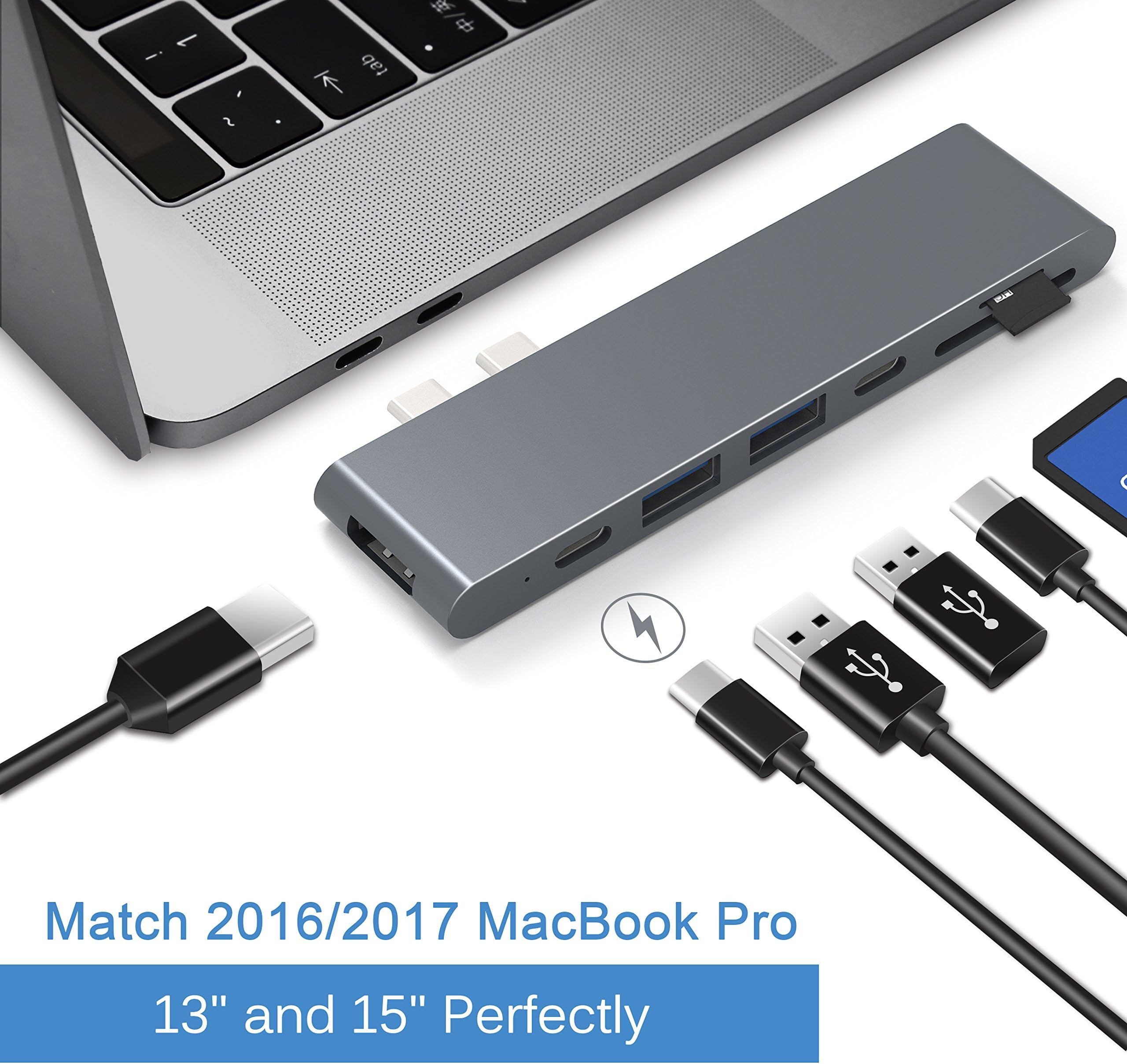 Cateck USB C Hub Adapter with Thunderbolt 3, USB-C 40Gbps Data Transmission, TF& SD Card Reader, 4K HDMI and 2-Port USB 3.0 for 2016/2017 MacBook Pro 13"/15" (Space Gray)