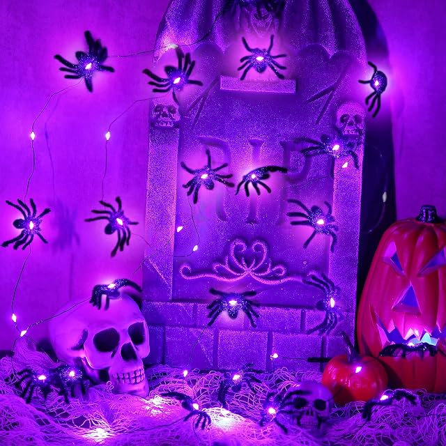 Spider String Lights Halloween String Lights Battery Operated Halloween Lights 9.4 Feet 30 LEDs Spider Lights Halloween Lights Decorations for Halloween Indoor Outdoor Party Decoration (Purple Light)