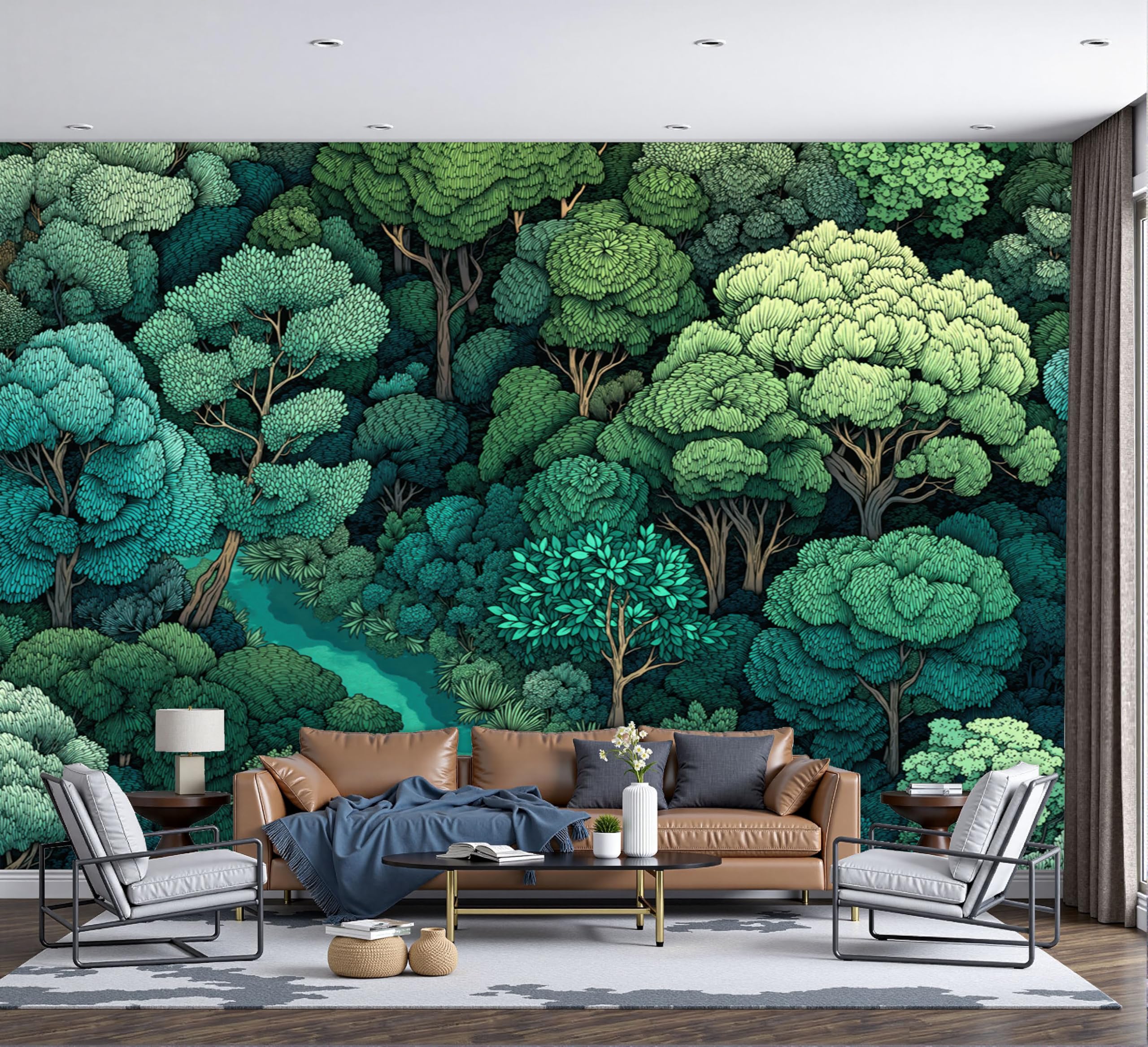 Papier peint panoramique forêt et rivière 3D vert salon 300x210cm