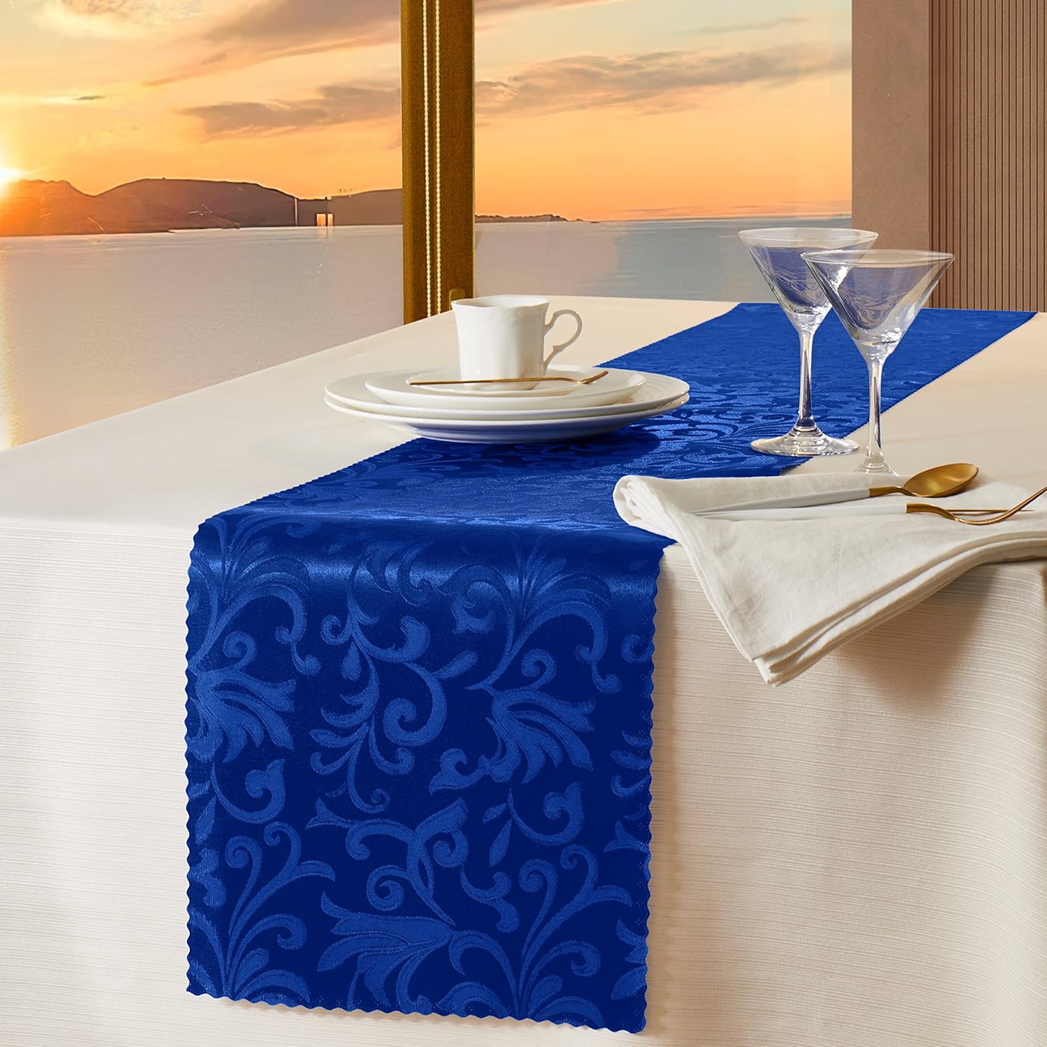 Manyshofu 12Pcs Royal Blue Satin Table Runner 12 x 108 Inch, Damask Table Runner