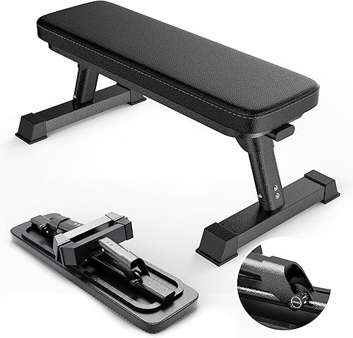 Finer Form - Banco plano plegable de calidad de gimnasio para entrenamiento con pesas multiusos y ejercicios abdominales, tabla de entrenamiento en
