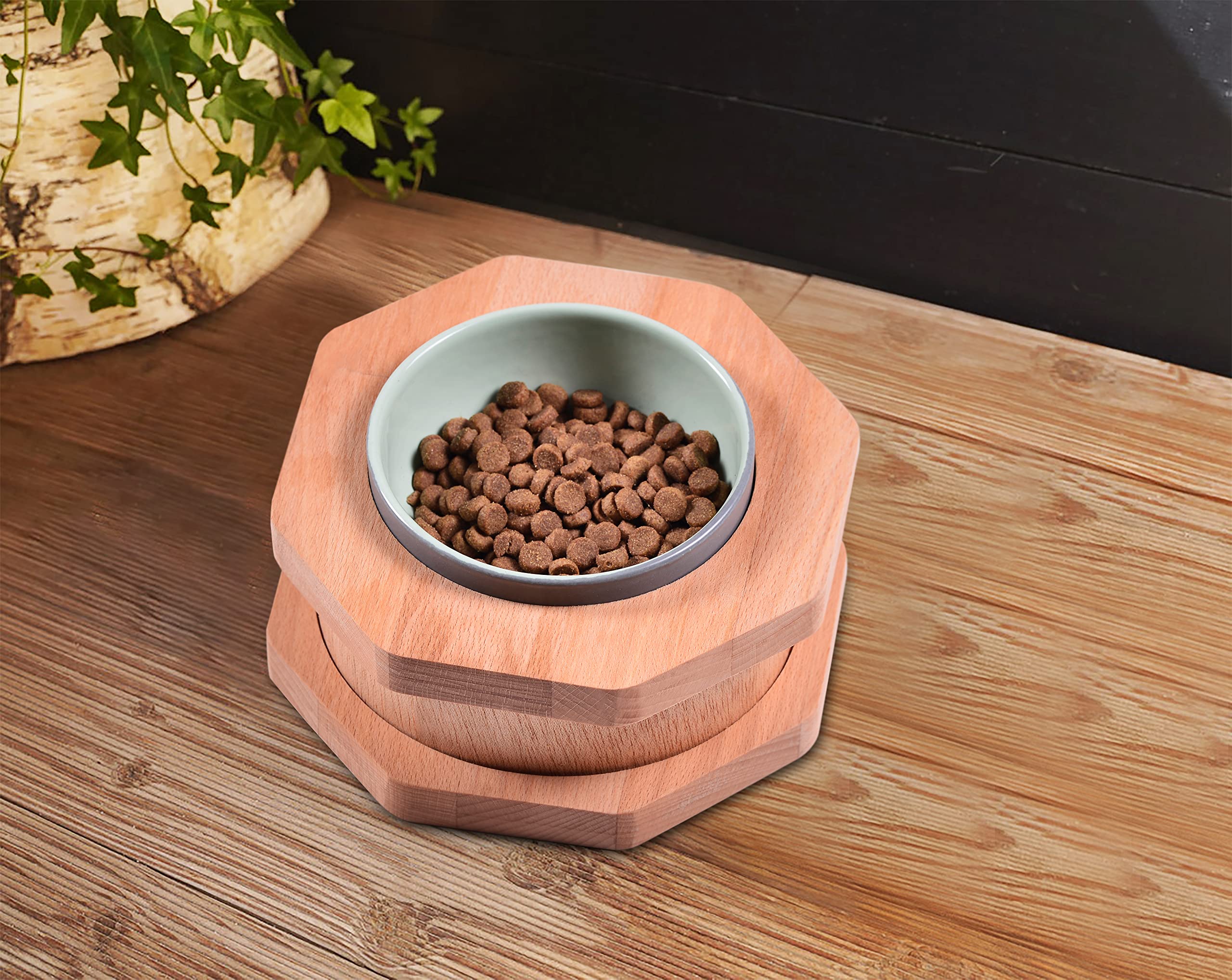 Lot de 2 gamelles en céramique avec support en bois pour chien et chat - Sans déversement - Pour nourriture et eau - Pour chats et petits chiens - Table à manger - Style clôture - Double gamelle