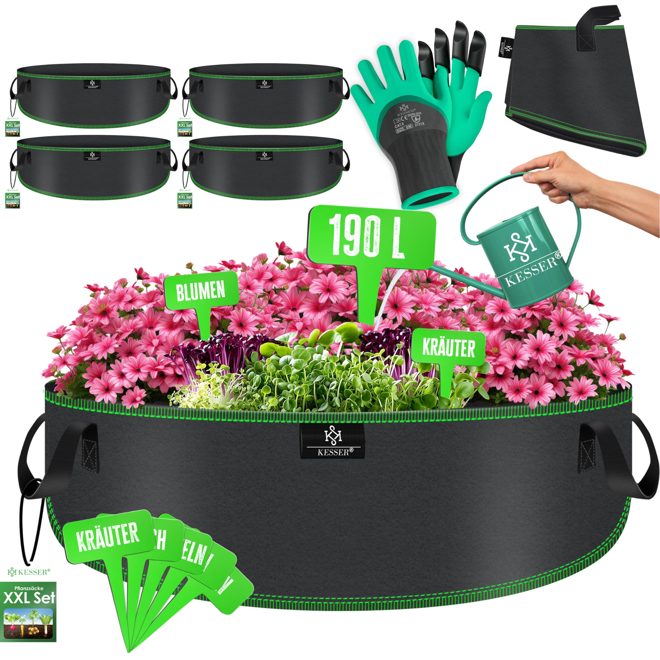 KESSER® Bolsa de Plantación 190 litros - 4er Set | Bolsas de Plantación de Tela no Tejida Incl. Etiqueta y Guantes de Jardín | Bolsa de Plantación de Patatas con Ventana y Asas - Negro