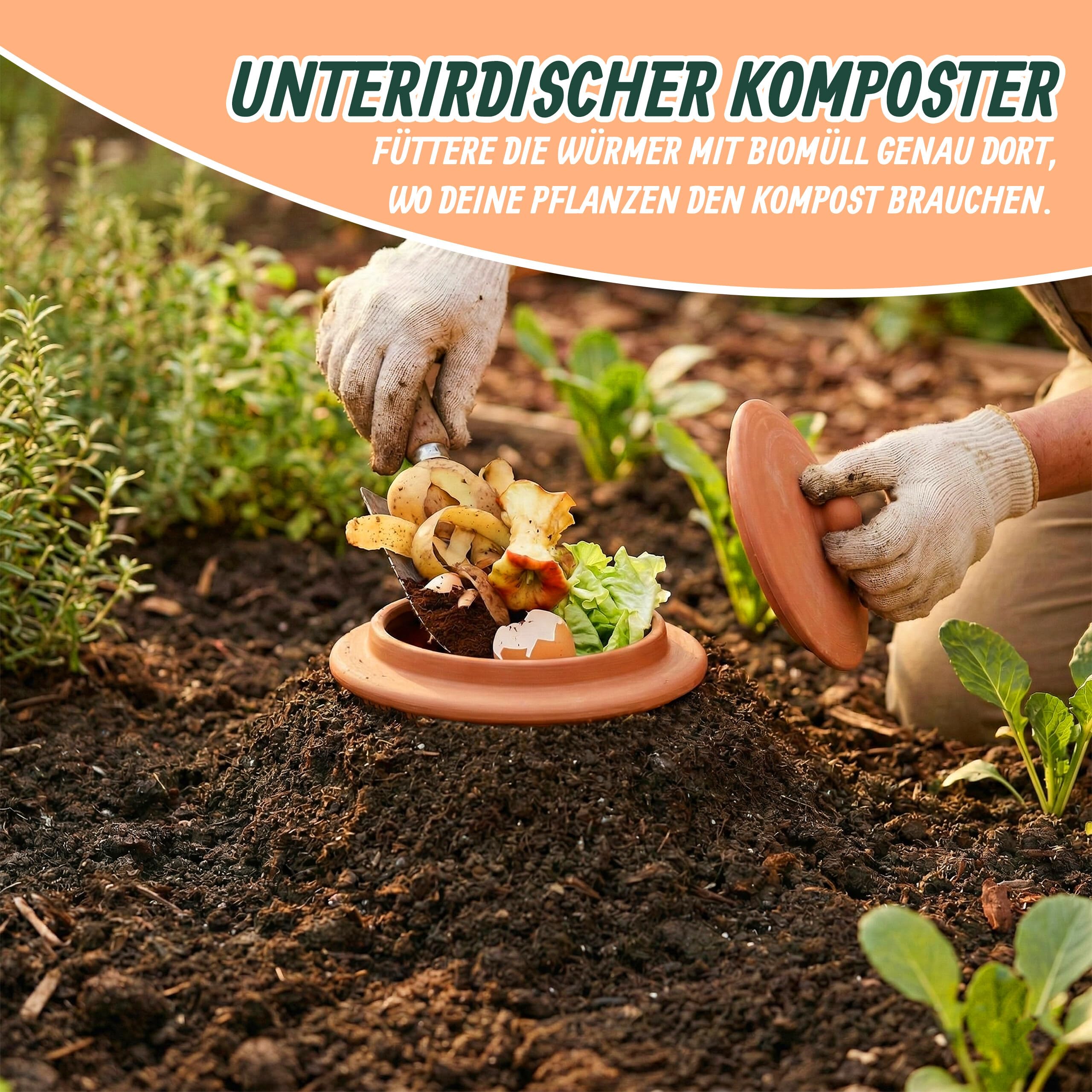 Relaxdays Wurmkomposter zum Eingraben, 1 L, Wurmturm für Küchenabfälle, Deckel, Komposter Garten & Beet, Ton, terrakotta