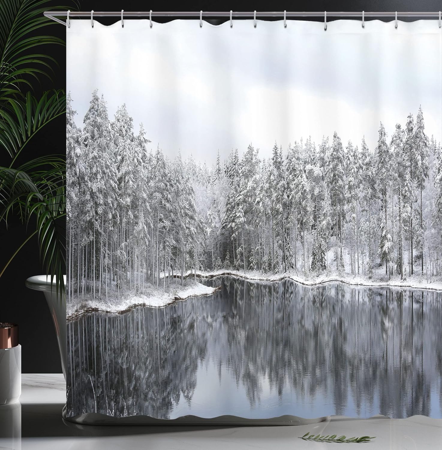 Ambesonne Woodland Shower Curtain, Lake Surrounded by Snow Covered Trees on a Cold Winter Day in Finland Reflections, Cloth Fabric Bathroom Decor Set with Hooks, 69" W x 84" L, White Brown