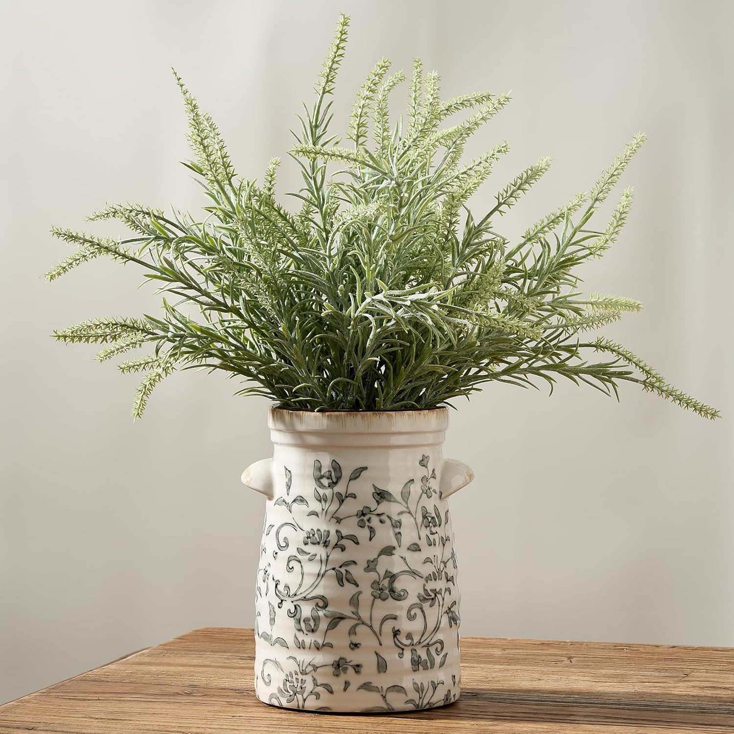 SIDUCAL Ceramic Gray and White Vase with 2-Ear, 8 Inch Ice Cracked Vintage Pastoral Vase, Rustic Farmhouse Vases for Home Decor, Table, Living Room, Shelf Decor, Chinoiserie Decor, Gray Floral Pattern