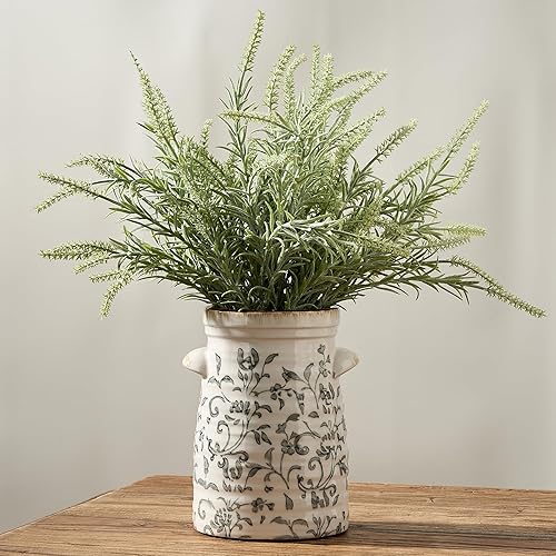 SIDUCAL Florero de cerámica gris y blanco con 2 asas, florero pastoral vintage con efecto agrietado de hielo de 8 pulgadas, jarrones rústicos de