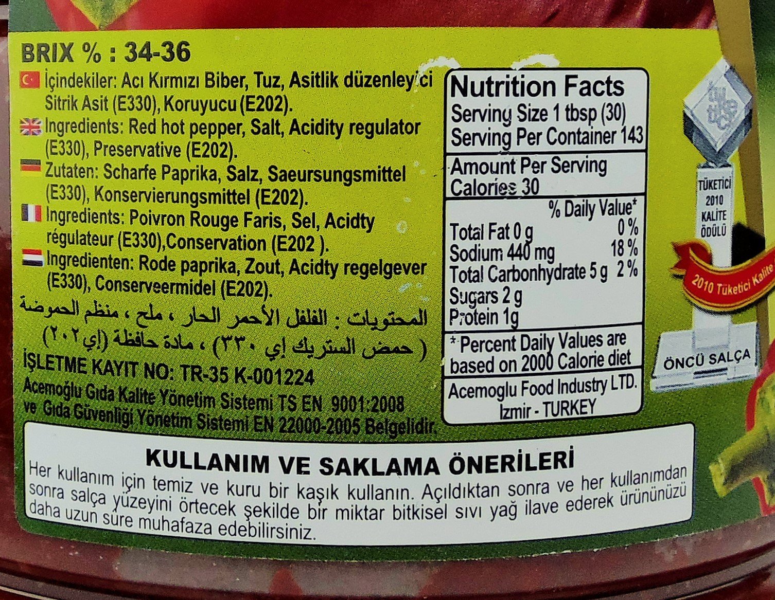 Öncü Cible de poivron épicé dans un récipient en PET GV, 1 pièce (1 x 4,3 kg)