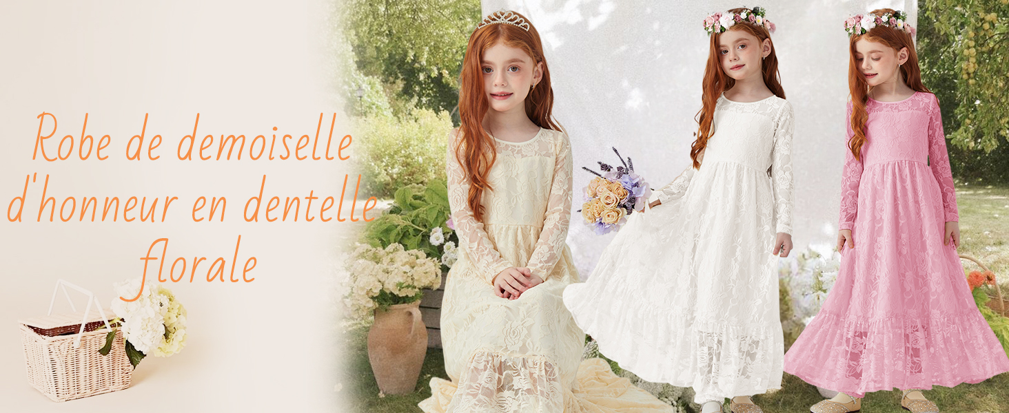 Robe Maxi Dentelle Fille Manches Longues Dos Nu – Boho Élégante Pour Mariage, Baptême, Communion 3-12 Ans